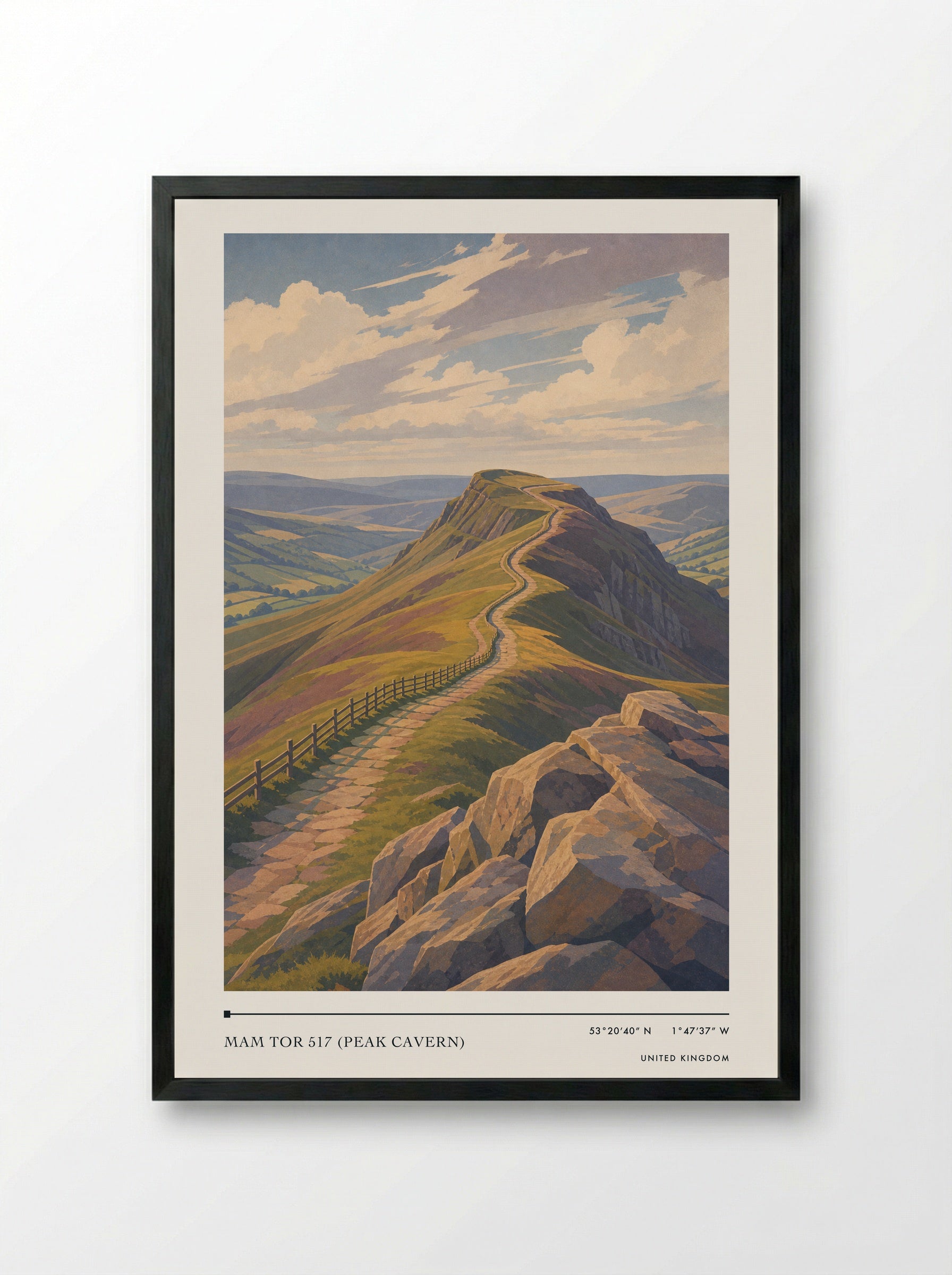 Mam Tor 517 (Peak Cavern) United Kingdom Travel Poster - Framed Print Black