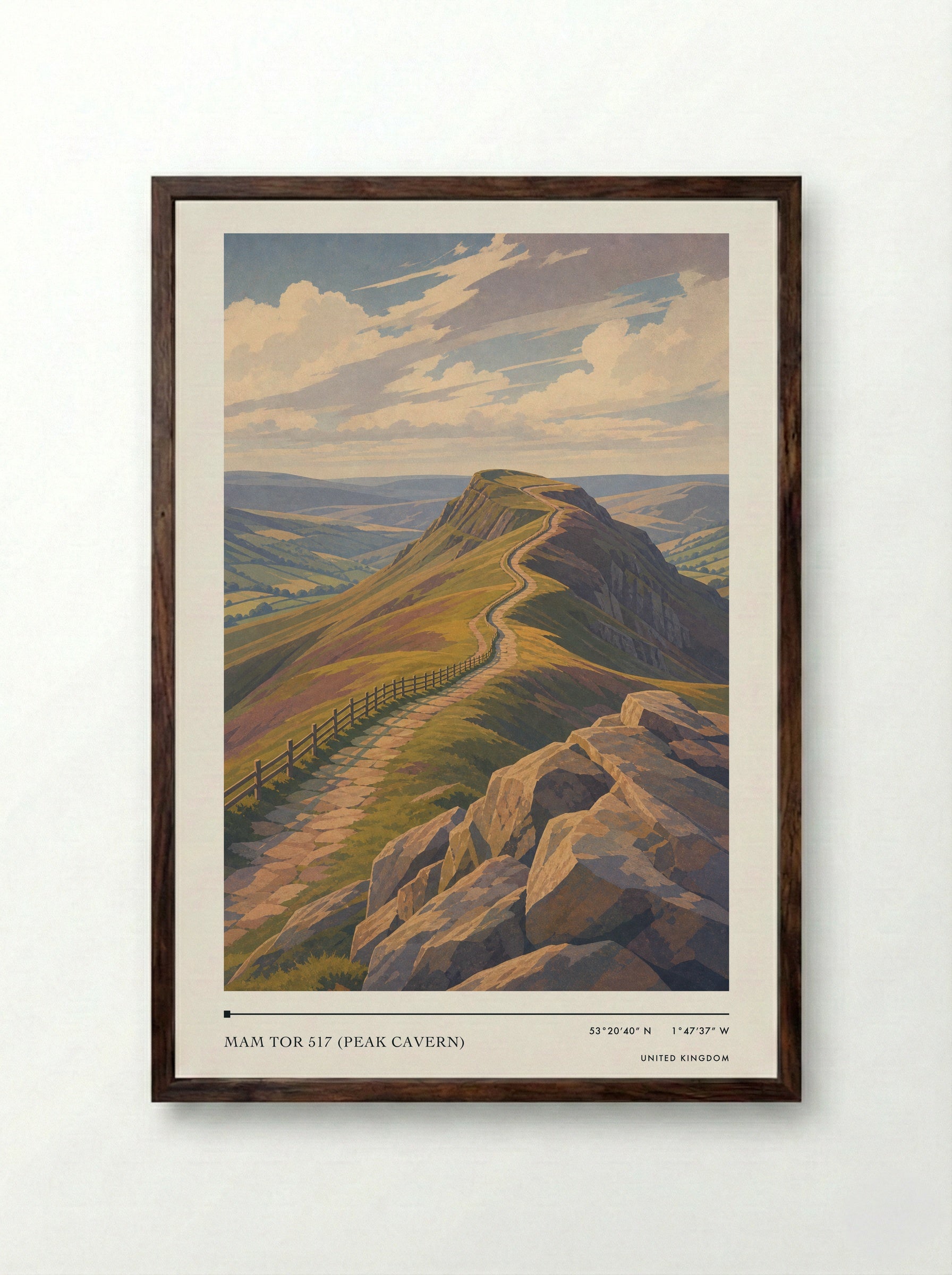 Mam Tor 517 (Peak Cavern) United Kingdom Travel Poster - Framed Print Dark Wood