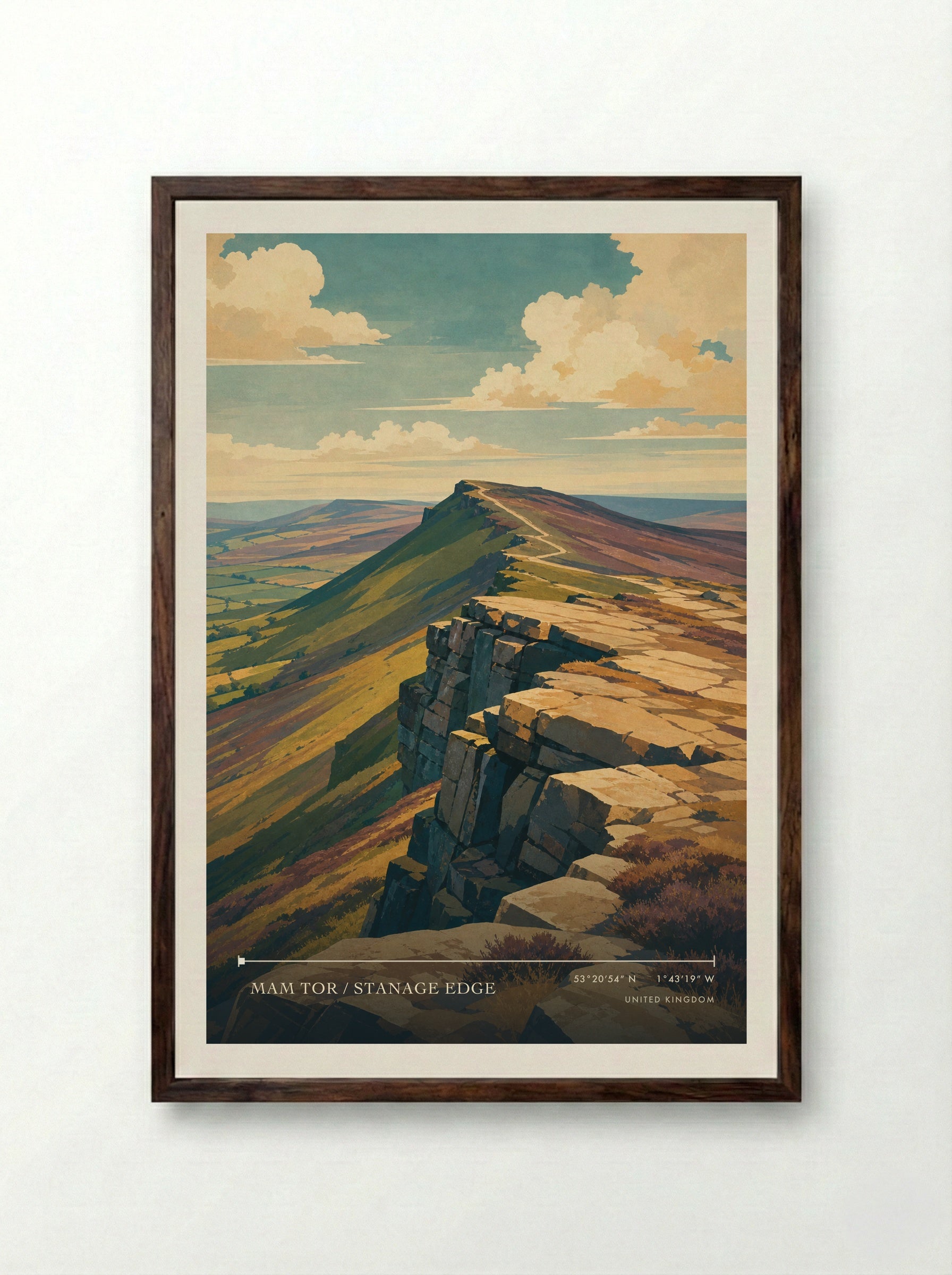 Mam Tor / Stanage Edge United Kingdom Travel Poster - Framed Print Dark Wood