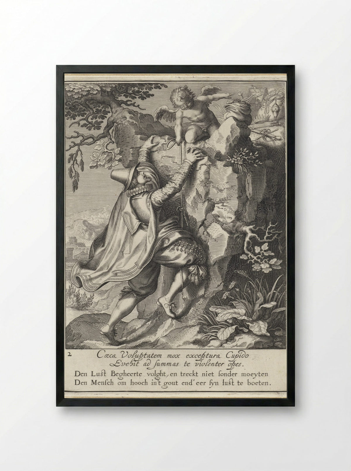 Man Climbing a Rock with a Blindfolded Cupid - Willem Isaacsz. van Swanenburg - Framed Print Black