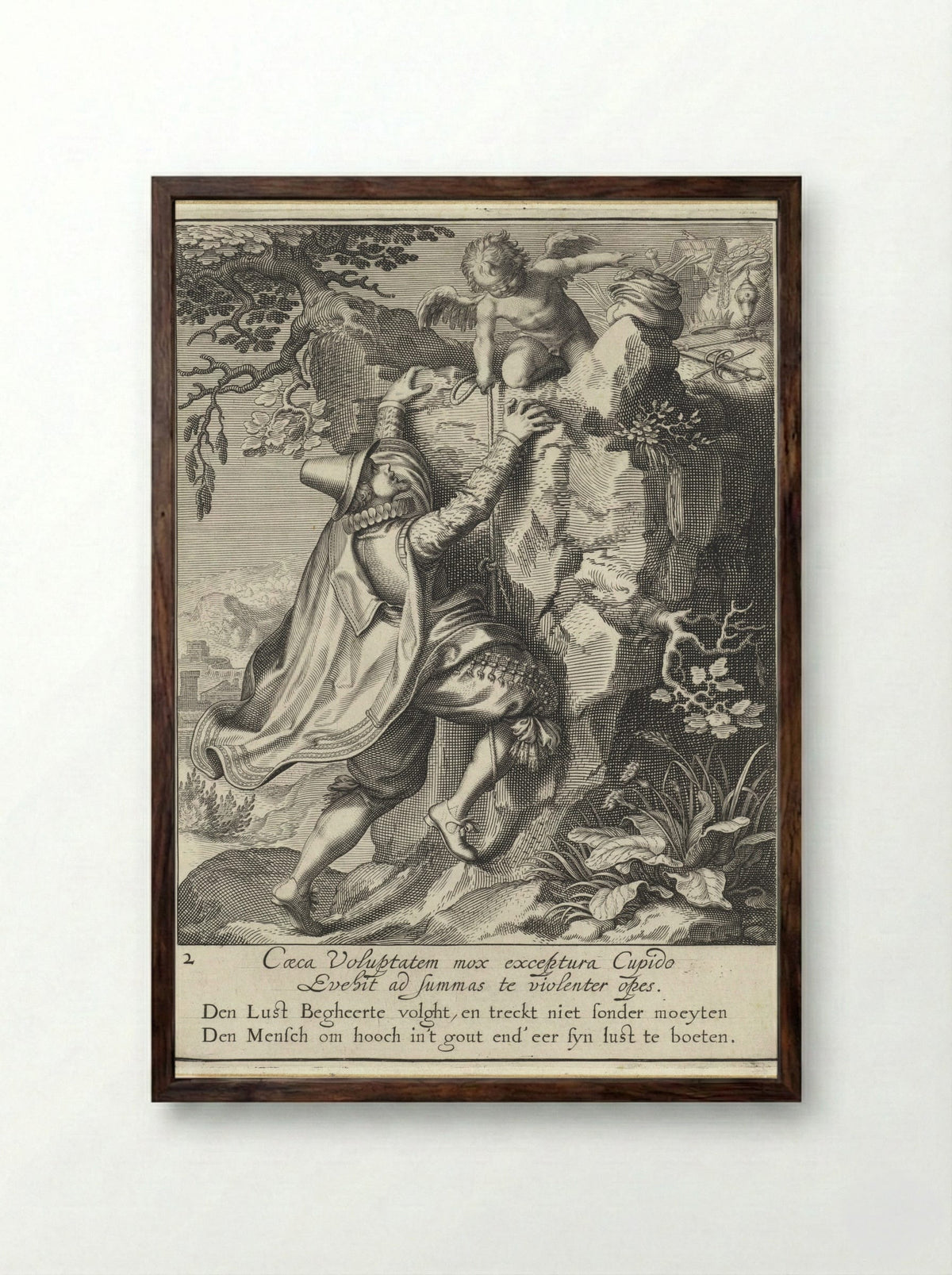 Man Climbing a Rock with a Blindfolded Cupid - Willem Isaacsz. van Swanenburg - Framed Print Dark Wood