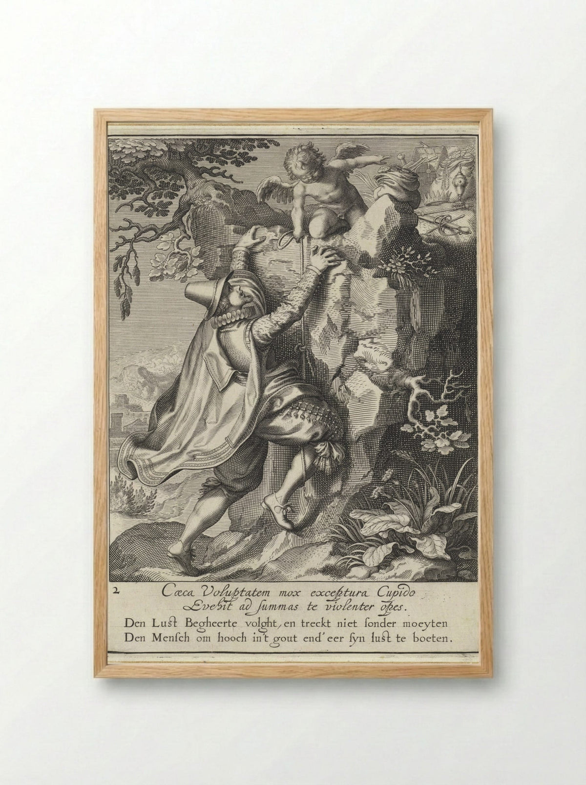 Man Climbing a Rock with a Blindfolded Cupid - Willem Isaacsz. van Swanenburg - Framed Print Wood