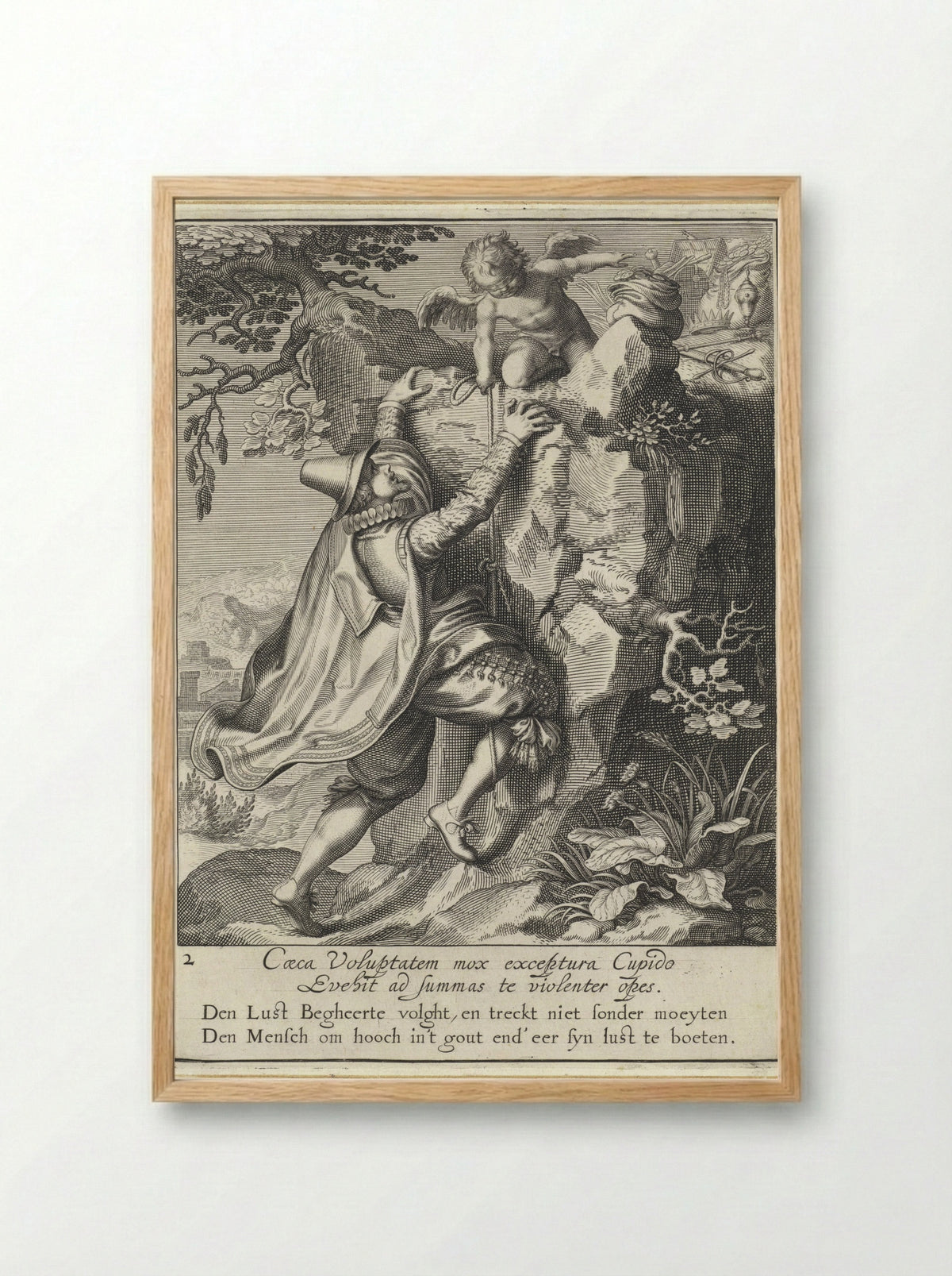 Man Climbing a Rock with a Blindfolded Cupid - Willem Isaacsz. van Swanenburg - Framed Print Wood