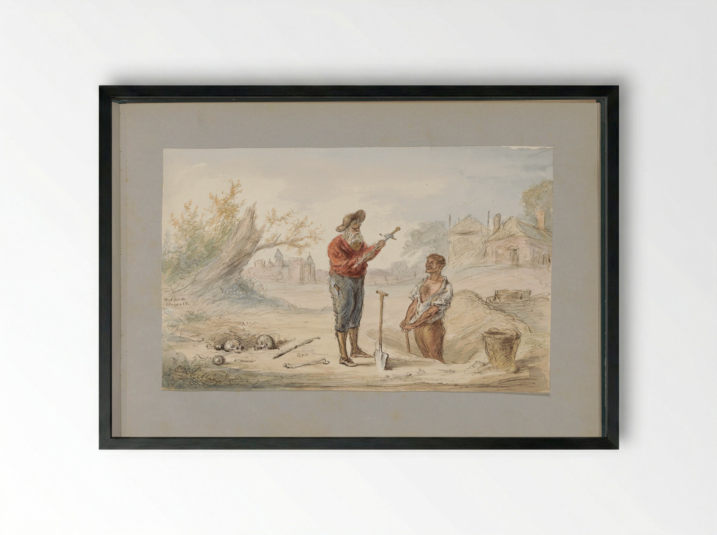 Man Excavating a Sword on an Old Battlefield - Alexander Ver Huell - Framed Print Black