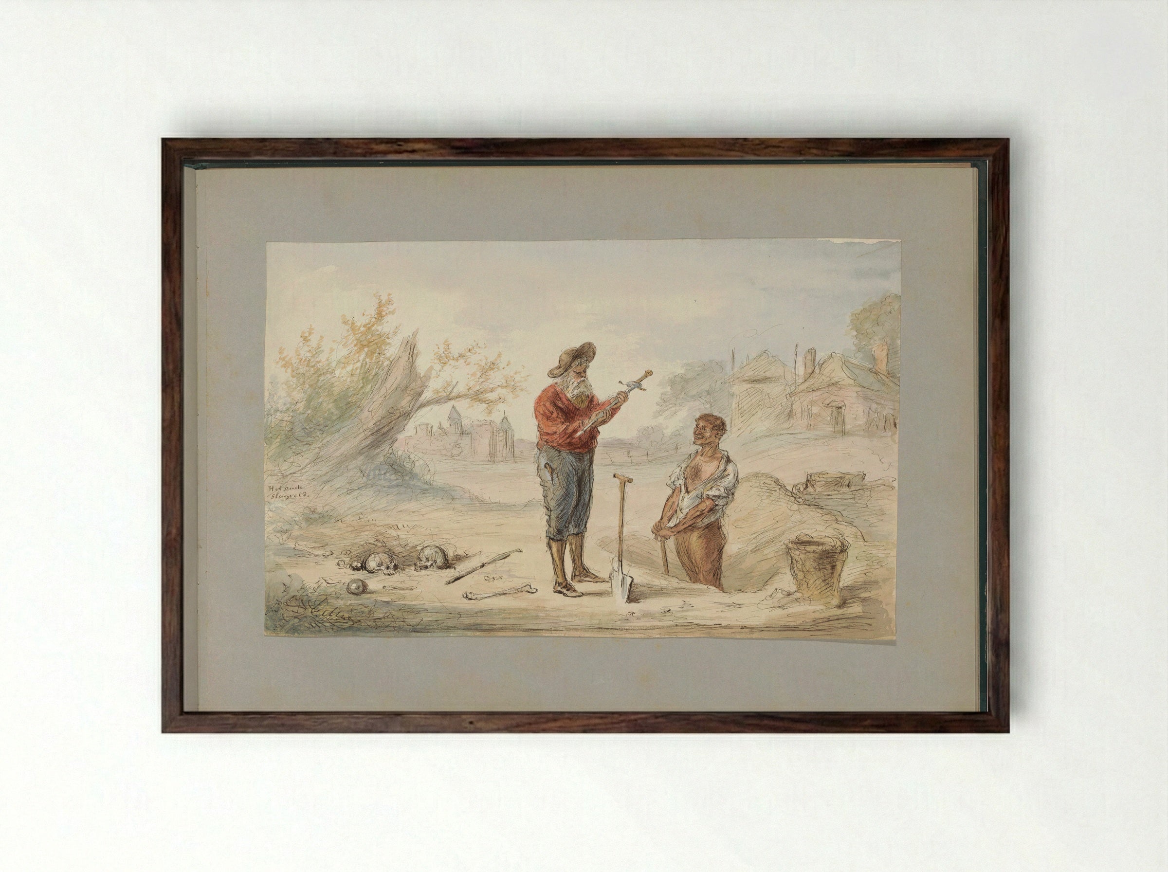 Man Excavating a Sword on an Old Battlefield - Alexander Ver Huell - Framed Print Dark Wood