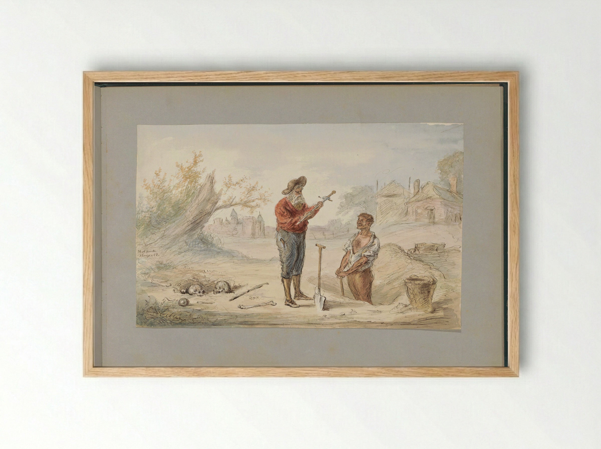 Man Excavating a Sword on an Old Battlefield - Alexander Ver Huell - Framed Print Wood