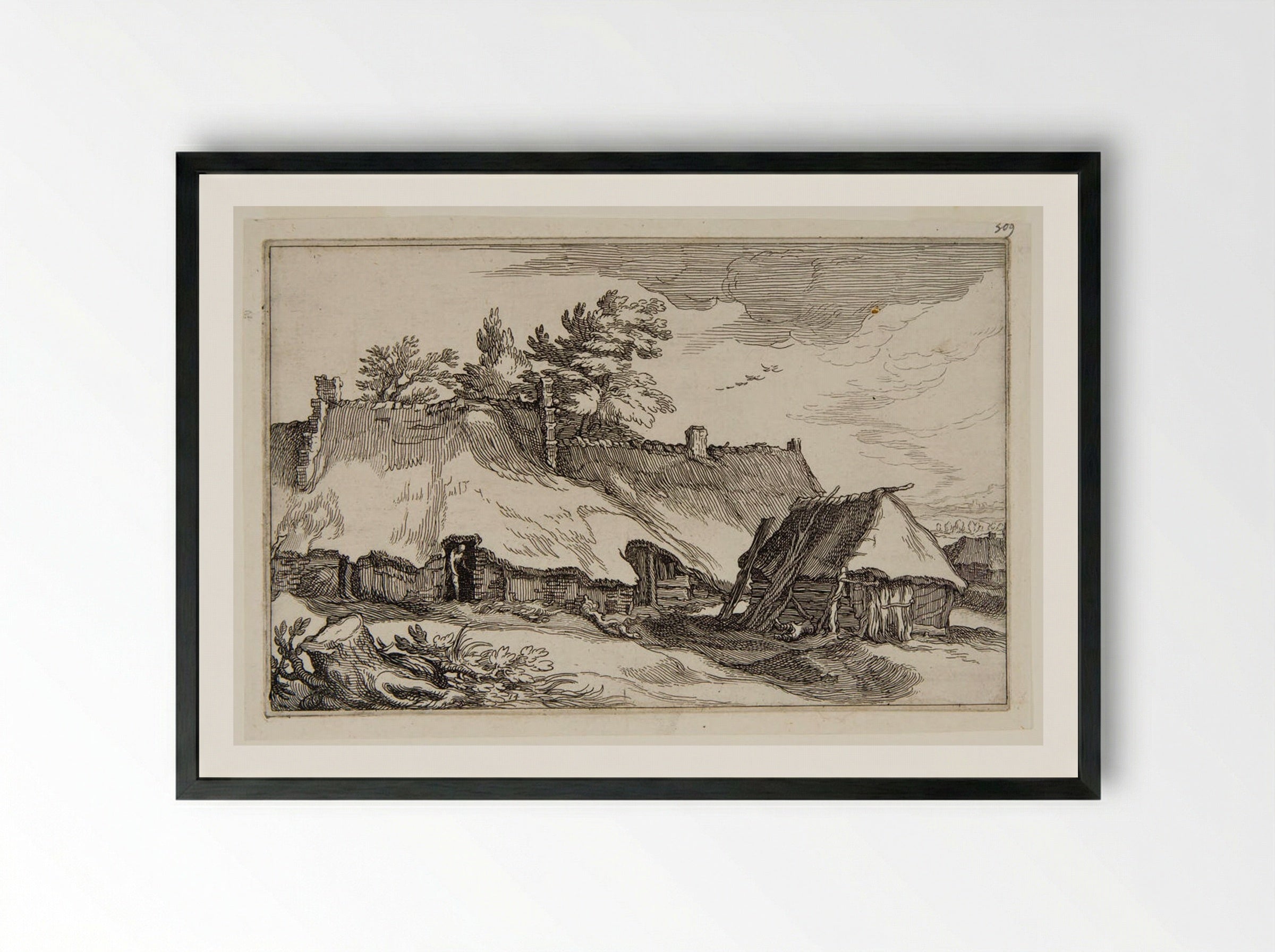 Man Exiting a Farmhouse - Boetius Adamsz. Bolswert - Framed Print Black