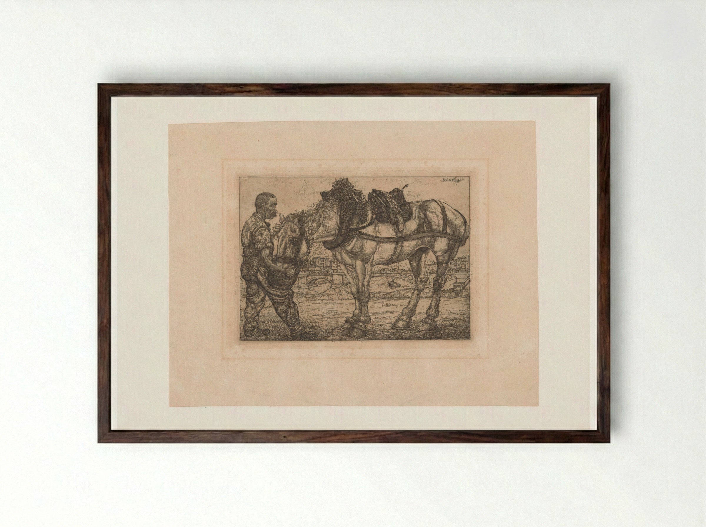 Man Feeding a Horse from a Bucket - Pieter Dupont - Framed Print Dark Wood