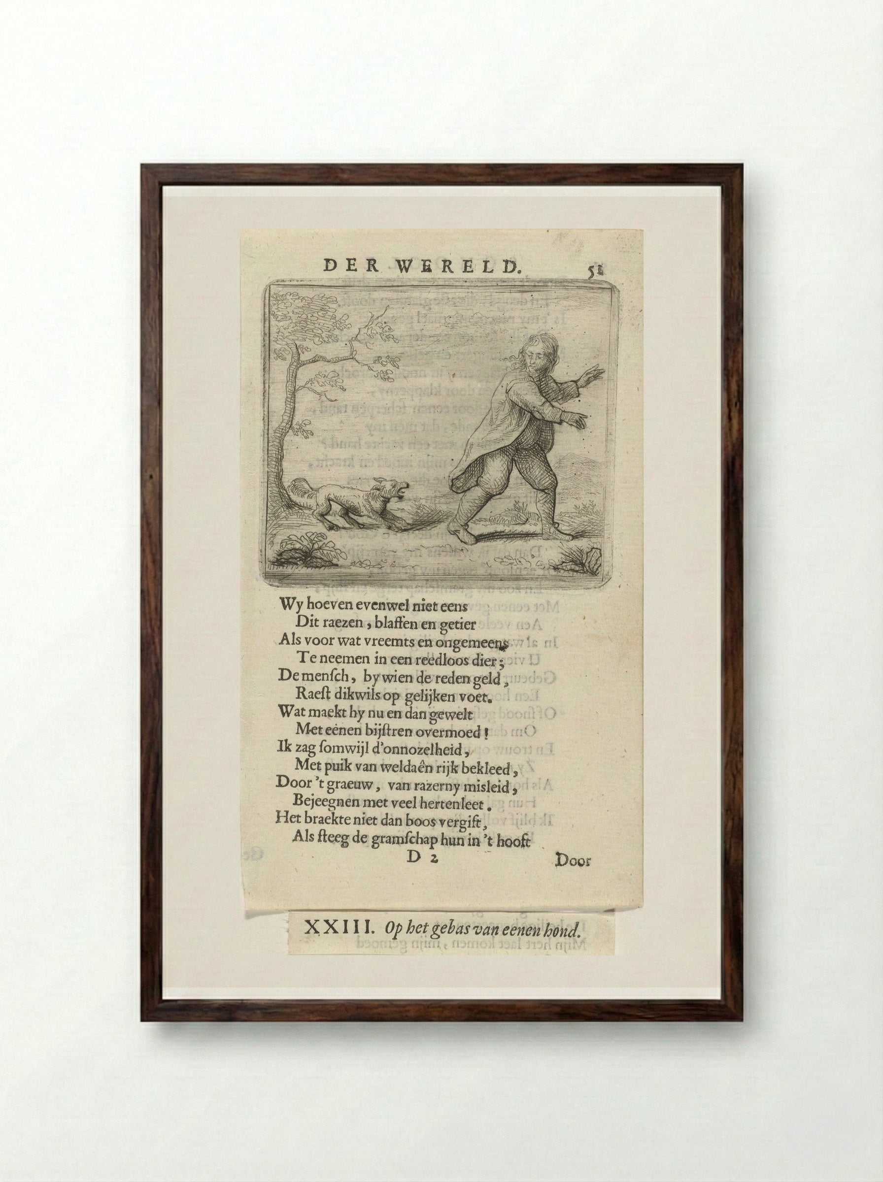 Man Fleeing from a Barking Dog - Arnold Houbraken - Framed Print Dark Wood