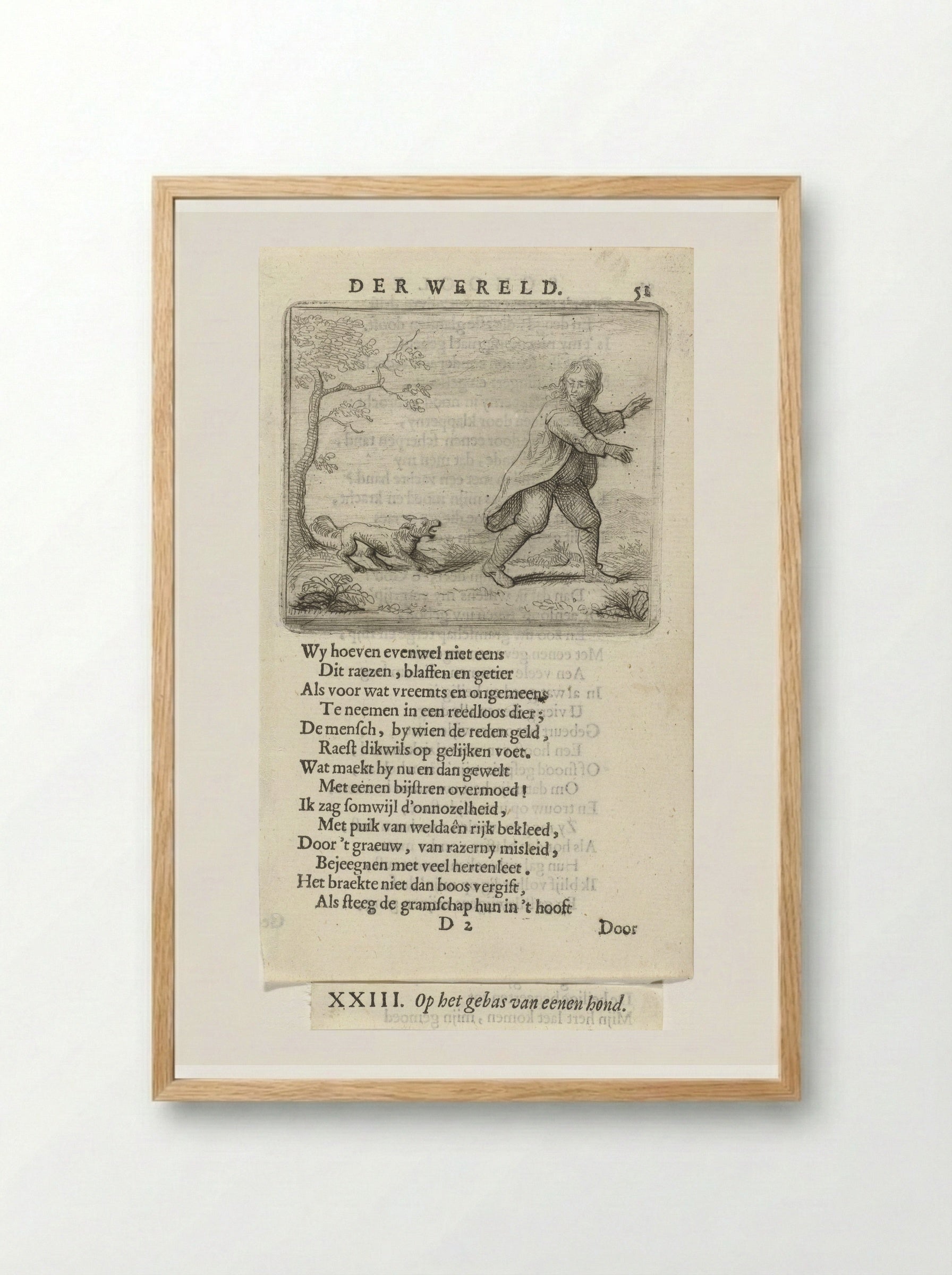 Man Fleeing from a Barking Dog - Arnold Houbraken - Framed Print Wood