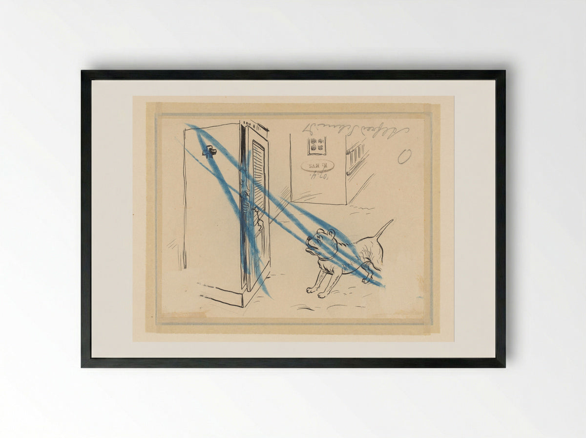 Man Hiding from a Dog in a Cupboard - Alfred Schmidt - Framed Print Black