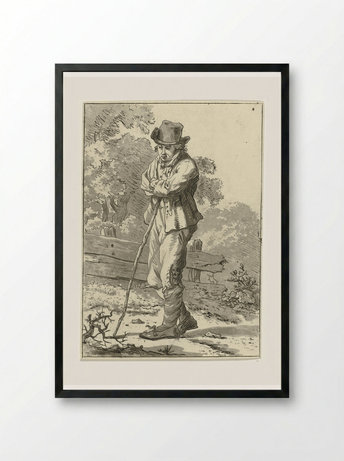 Man Leaning on a Stick - Hermanus Fock - Framed Print Black