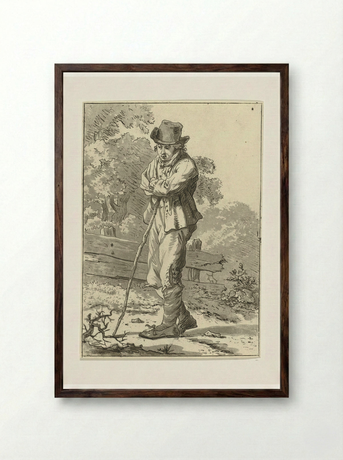 Man Leaning on a Stick - Hermanus Fock - Framed Print Dark Wood