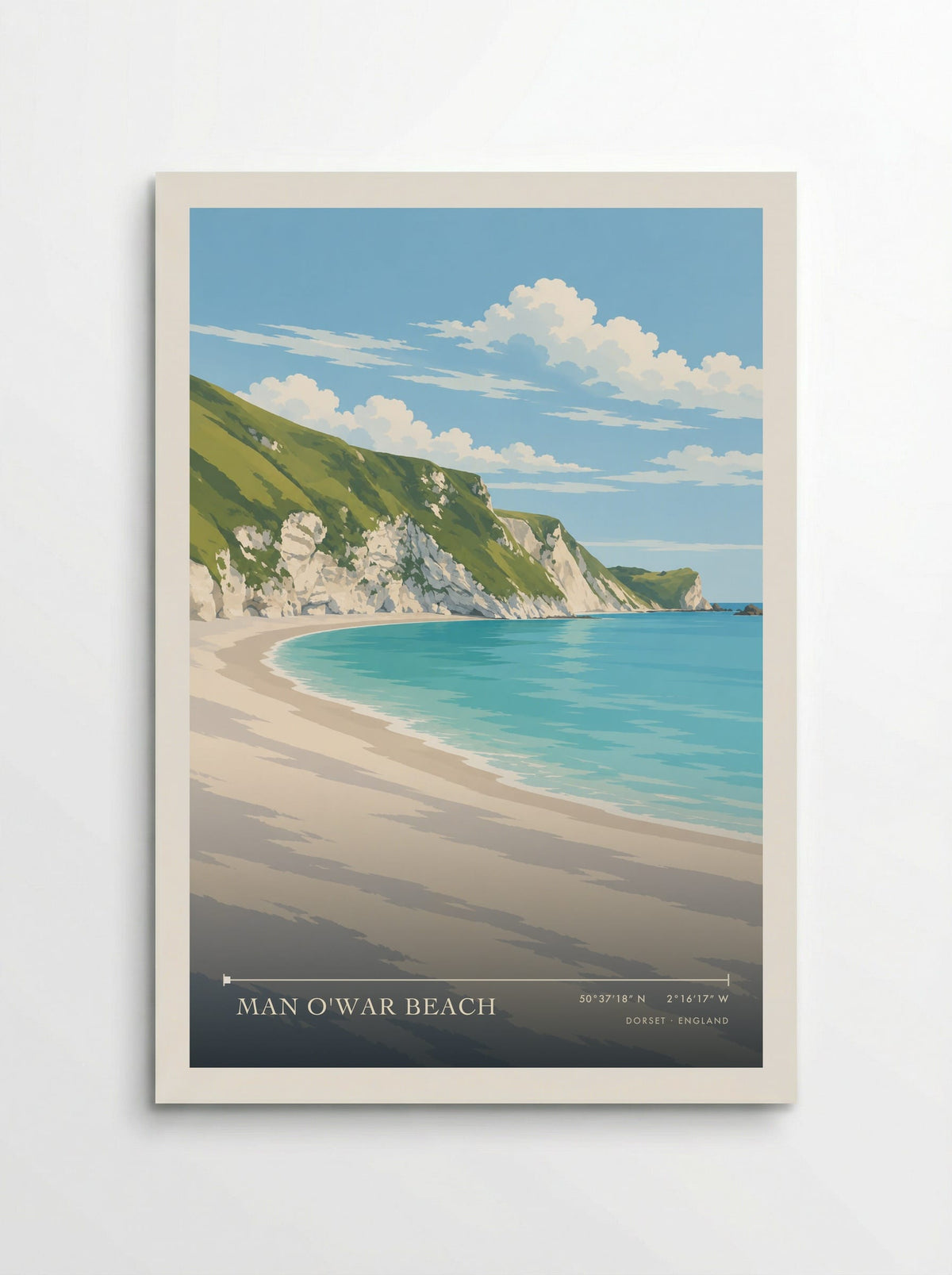 Man O'War Beach, Dorset travel poster: pale cliffs, green slopes and a curving empty shore beside turquoise water near the Lulworth coastal path