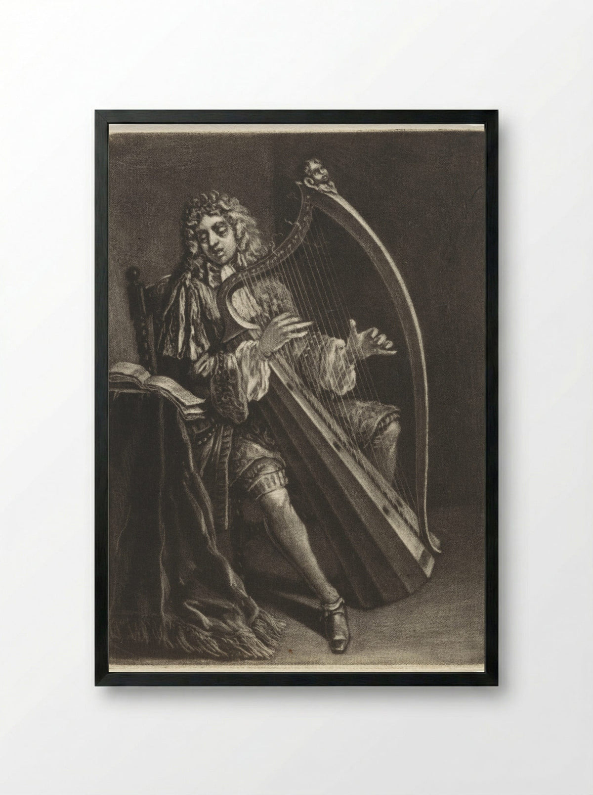 Man Playing the Harp - Marcellus Laroon the Elder - Framed Print Black