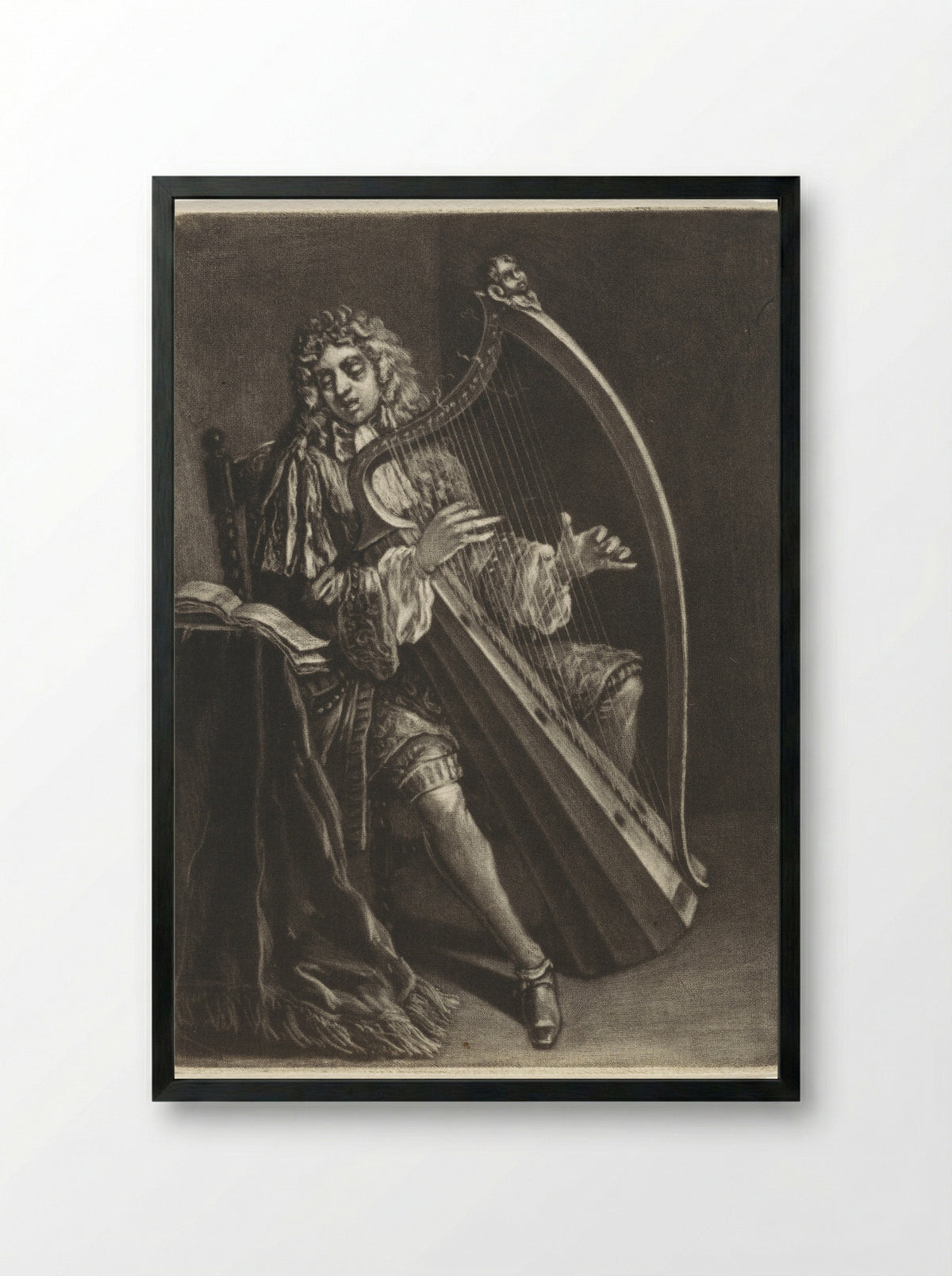 Man Playing the Harp - Marcellus Laroon the Elder - Framed Print Black