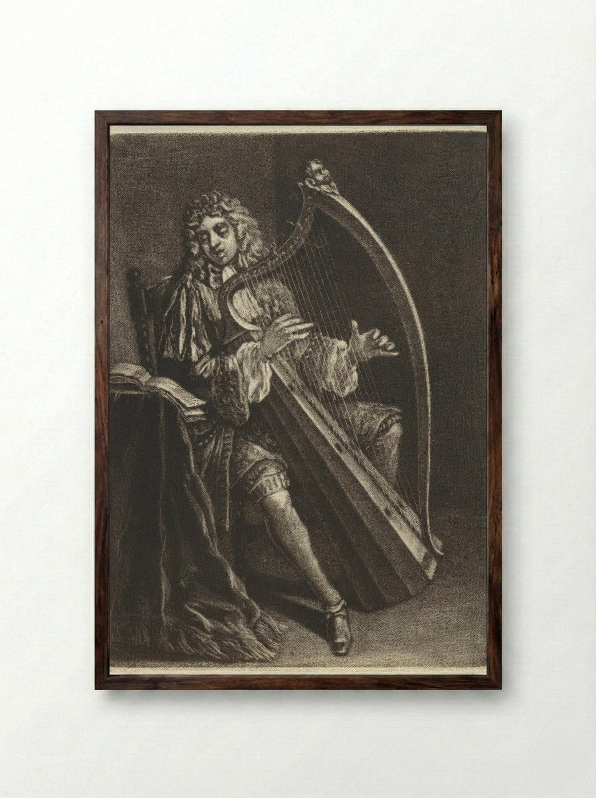Man Playing the Harp - Marcellus Laroon the Elder - Framed Print Dark Wood