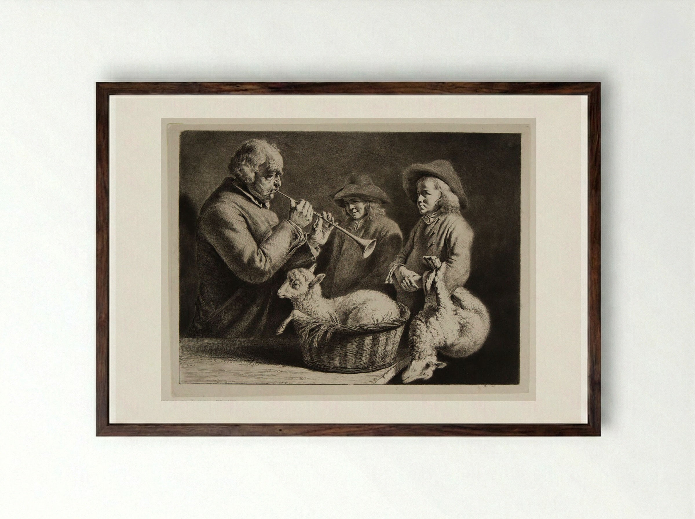 Man Playing the Oboe to Two Young Shepherd Boys - Jean-Jacques de Boissieu - Framed Print Dark Wood