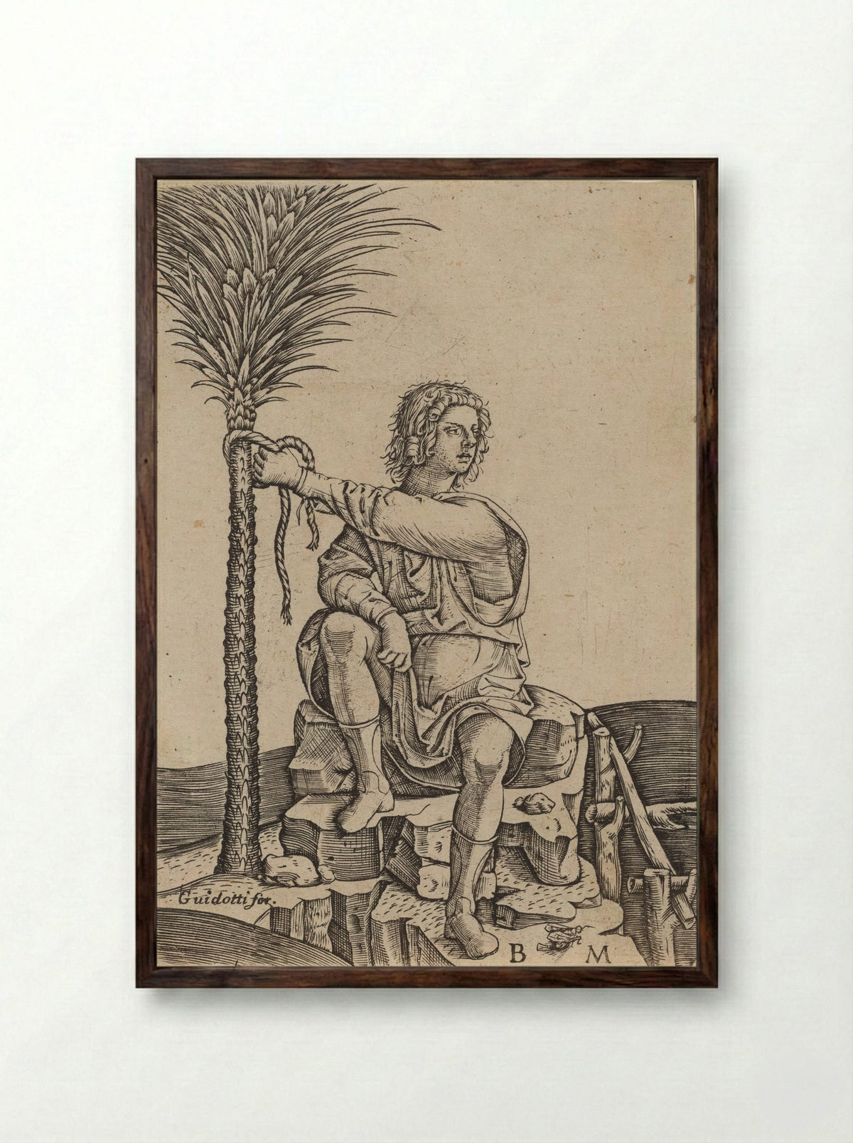 Man Seated by a Palm Tree - Benedetto Montagna - Framed Print Dark Wood