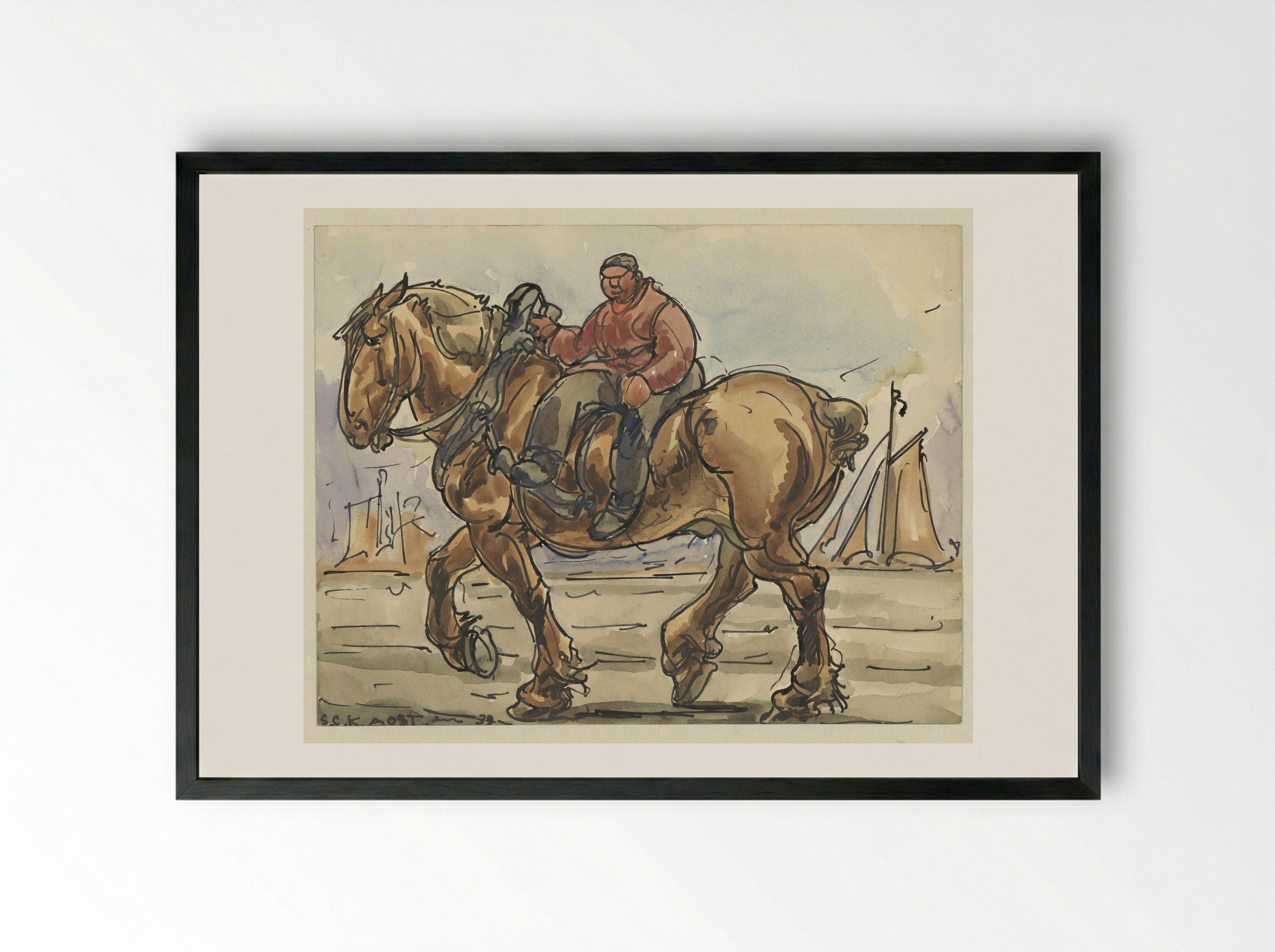 Man Sitting Side-Saddle on a Draught Horse - Alfred Ost - Framed Print Black