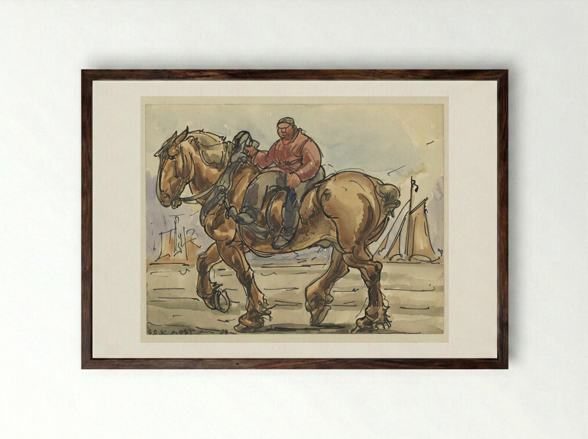 Man Sitting Side-Saddle on a Draught Horse - Alfred Ost - Framed Print Dark Wood