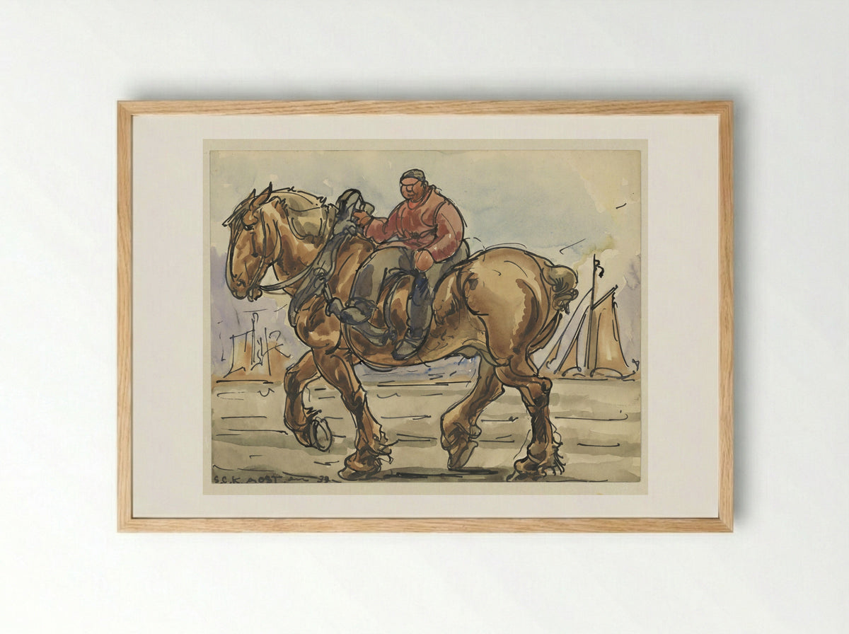 Man Sitting Side-Saddle on a Draught Horse - Alfred Ost - Framed Print Wood