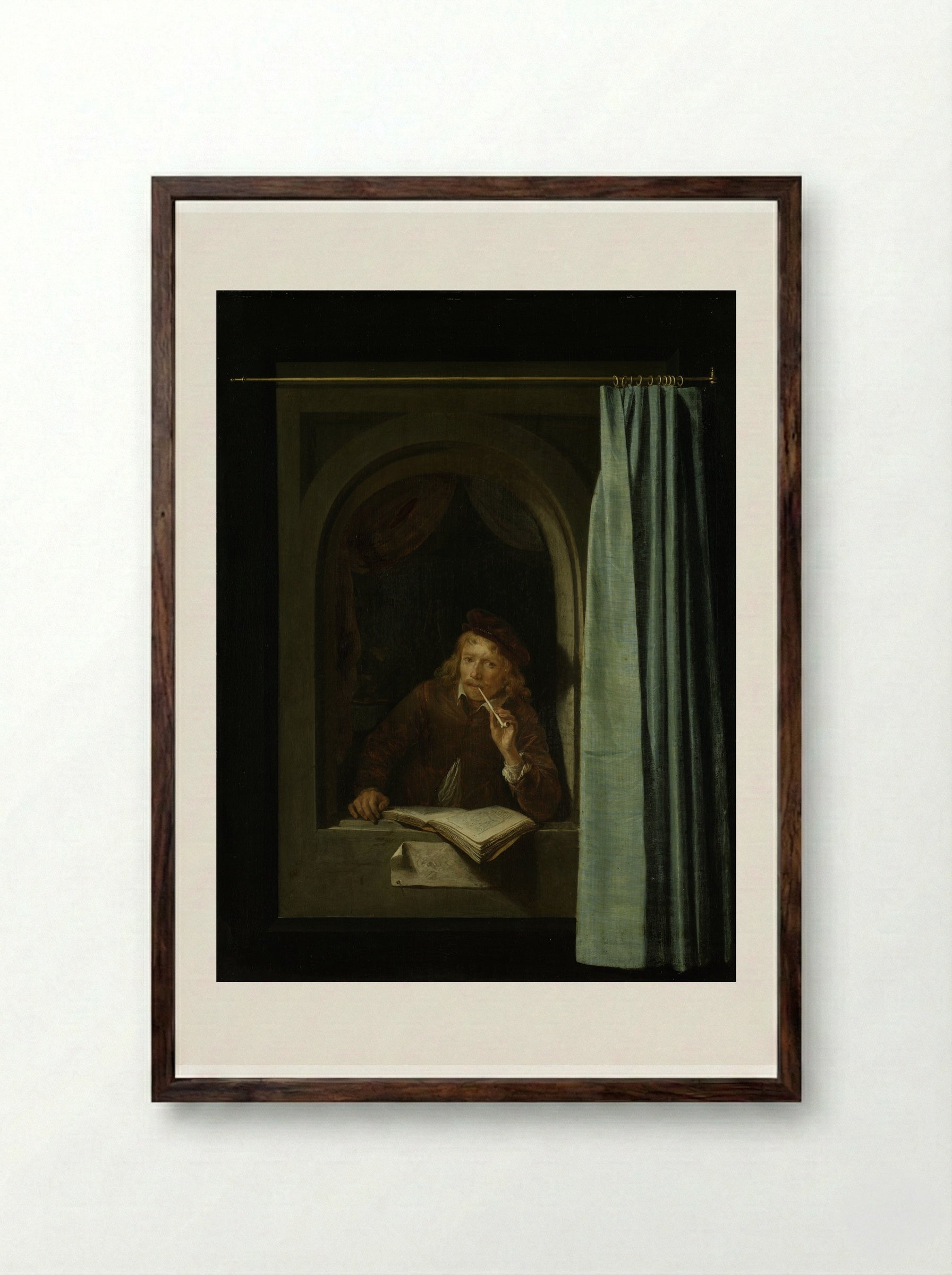 Man Smoking a Pipe - Gerrit Dou - Framed Print Dark Wood