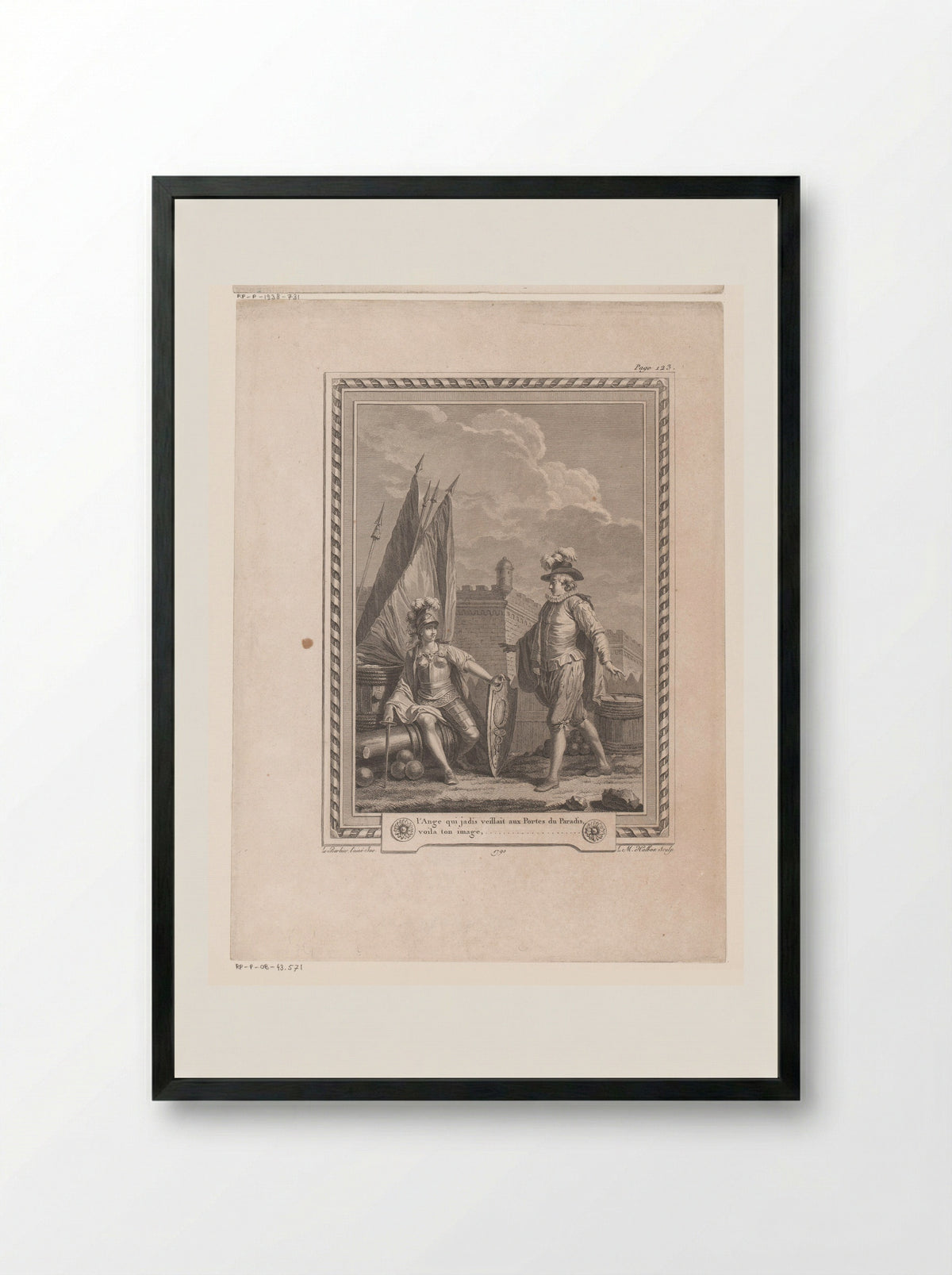 Man Standing Before a Woman in Armour Seated on a Cannon - Jean-Jacques-François Le Barbier - Framed Print Black