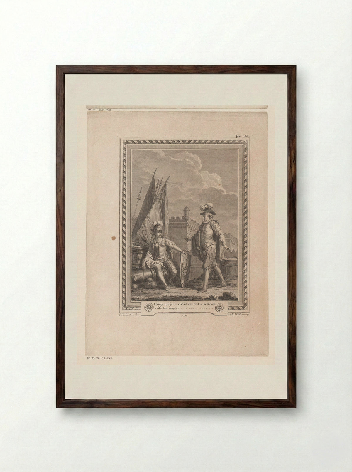 Man Standing Before a Woman in Armour Seated on a Cannon - Jean-Jacques-François Le Barbier - Framed Print Dark Wood