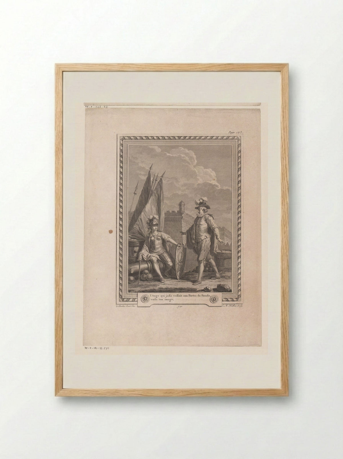 Man Standing Before a Woman in Armour Seated on a Cannon - Jean-Jacques-François Le Barbier - Framed Print Wood