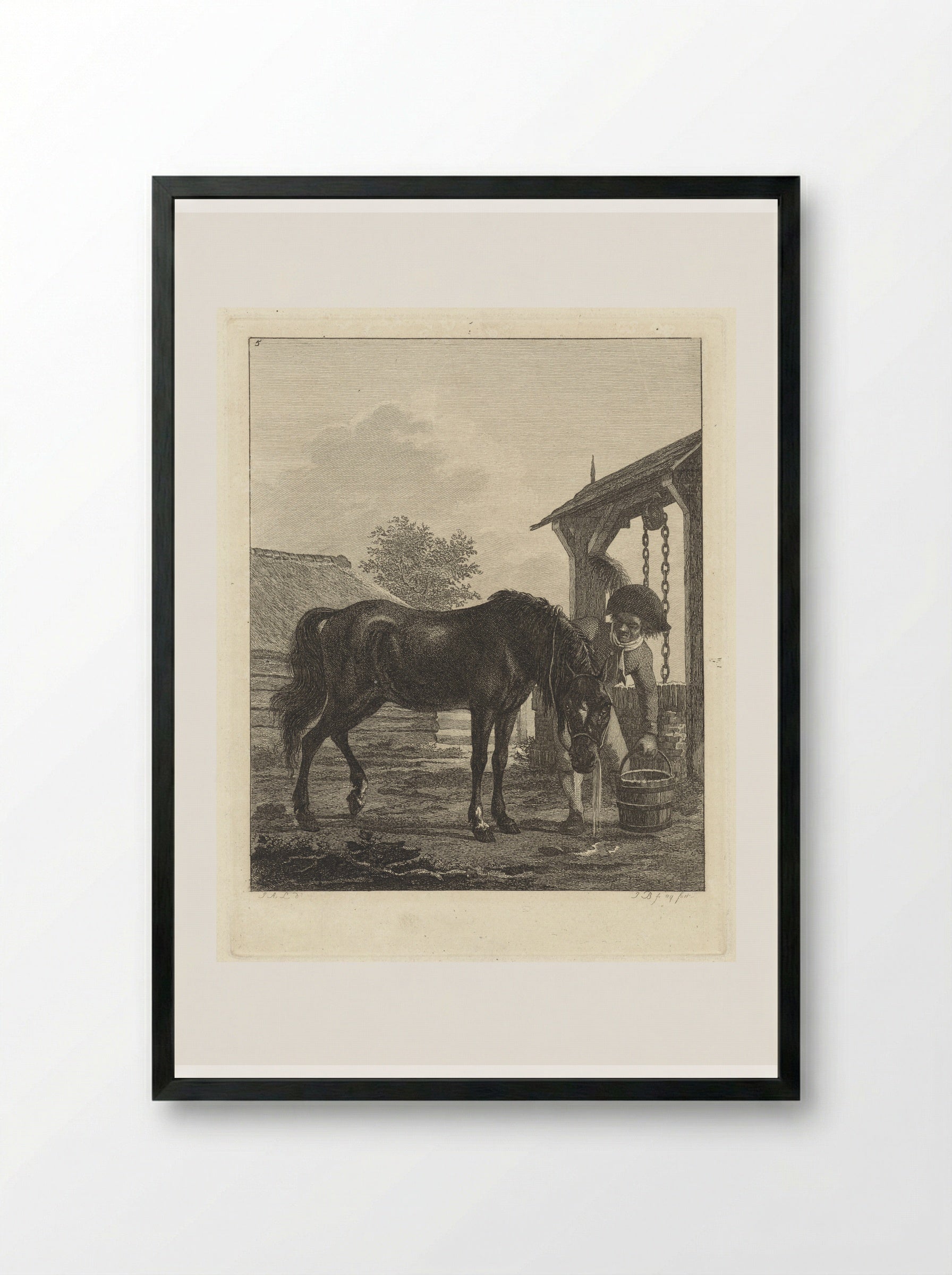 Man Watering a Horse at a Well - Joannes Bemme - Framed Print Black