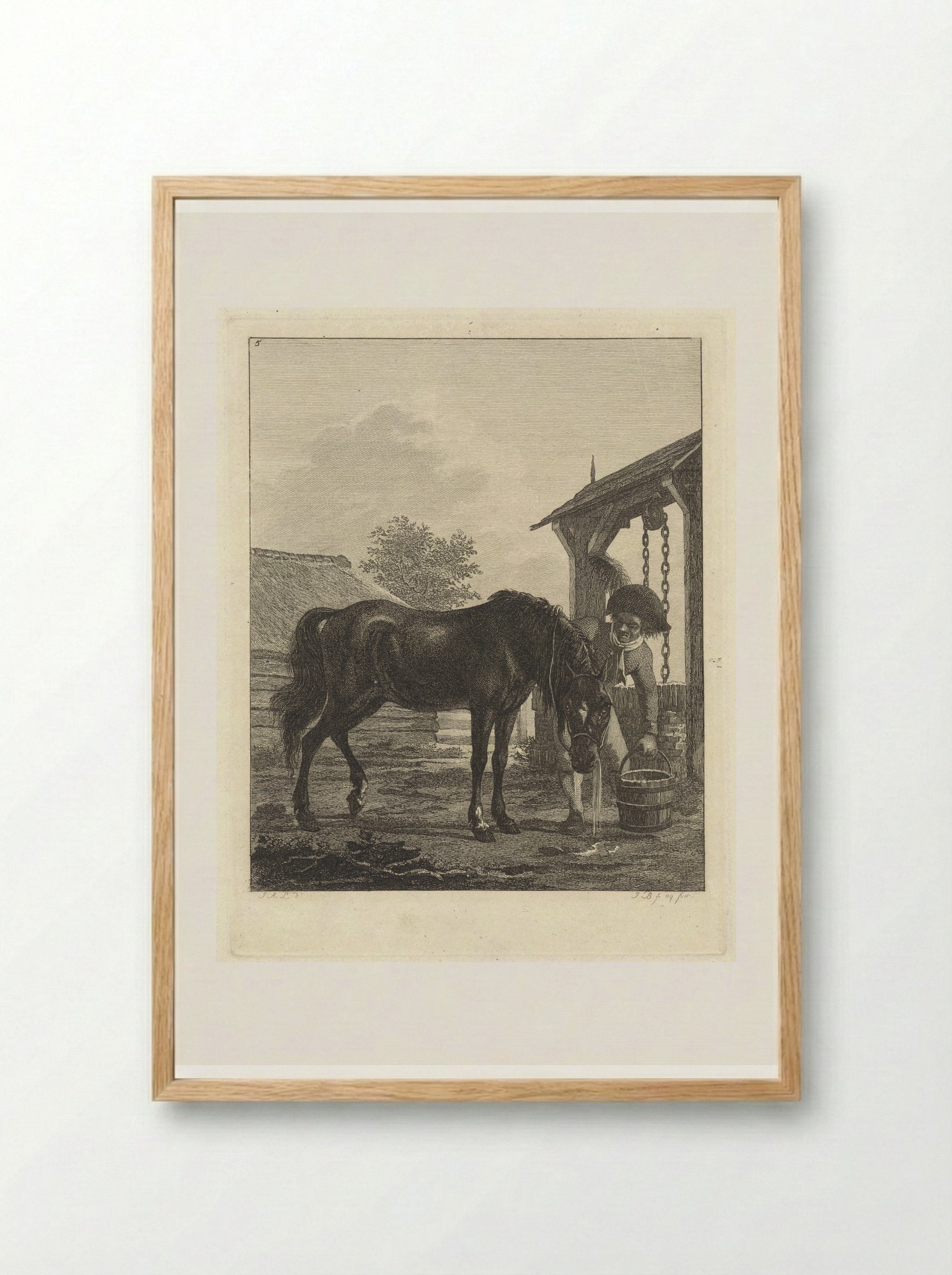 Man Watering a Horse at a Well - Joannes Bemme - Framed Print Wood