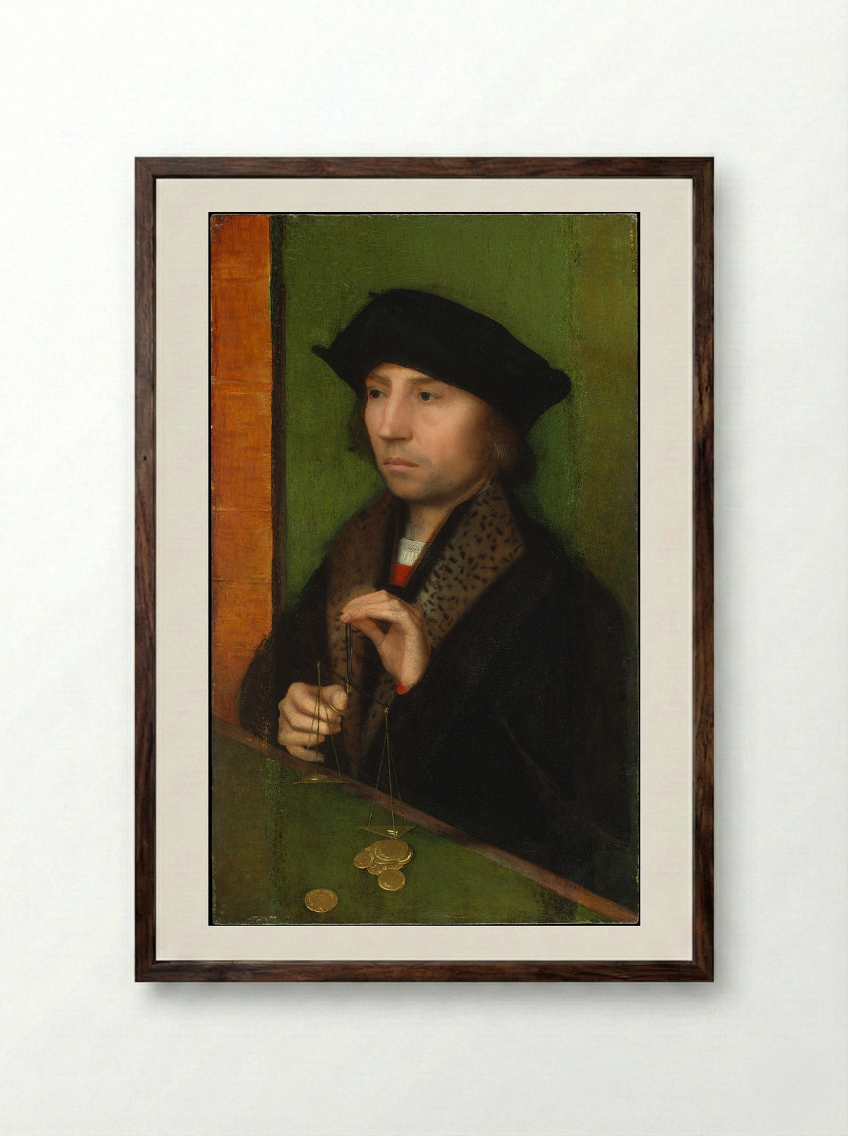 Man Weighing Gold - Adriaen Isenbrant - Framed Print Dark Wood