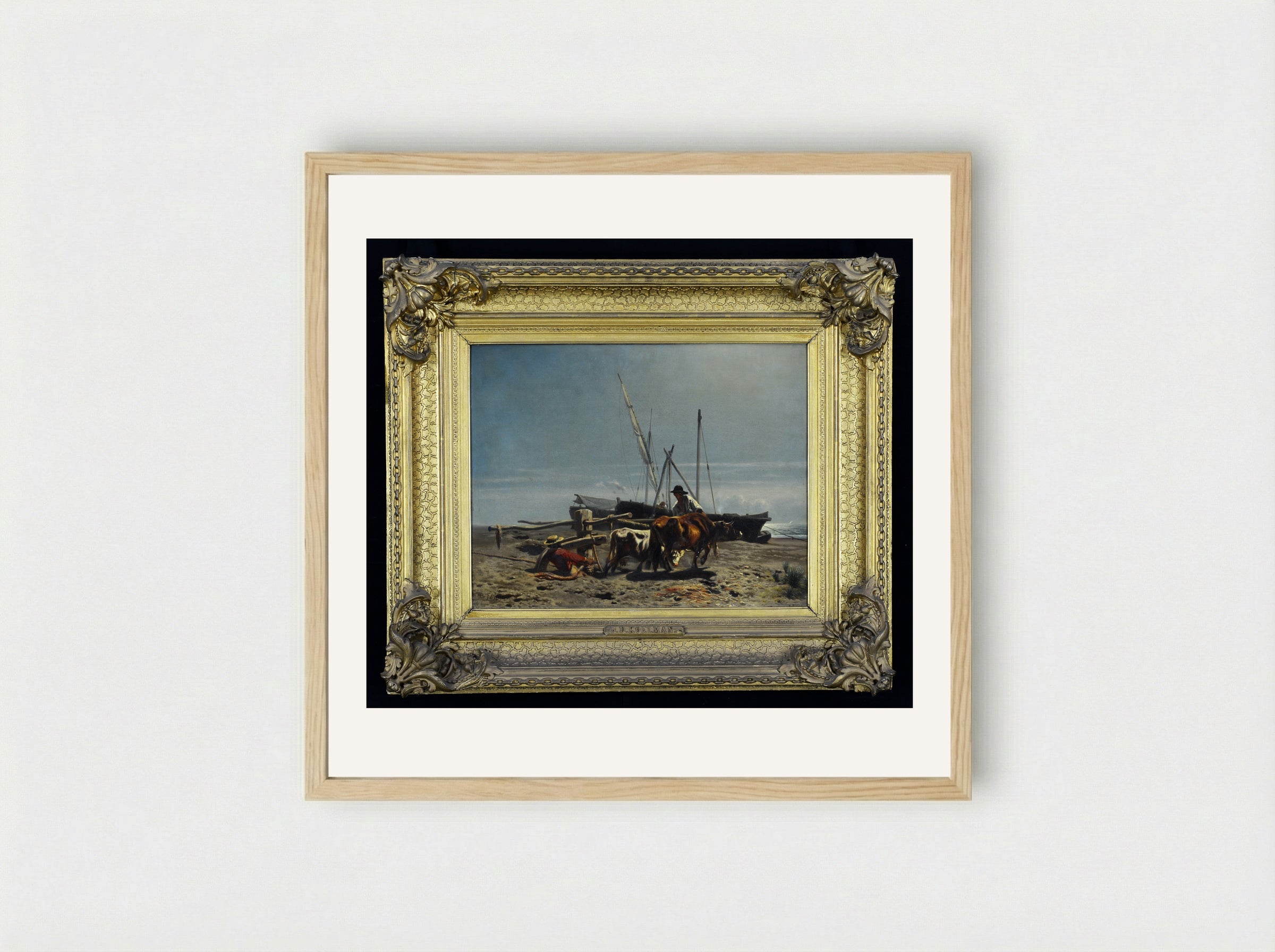 Man achterover liggend in het gras met de benen opgetrokken - Johan Daniël Koelman - Framed Print Wood