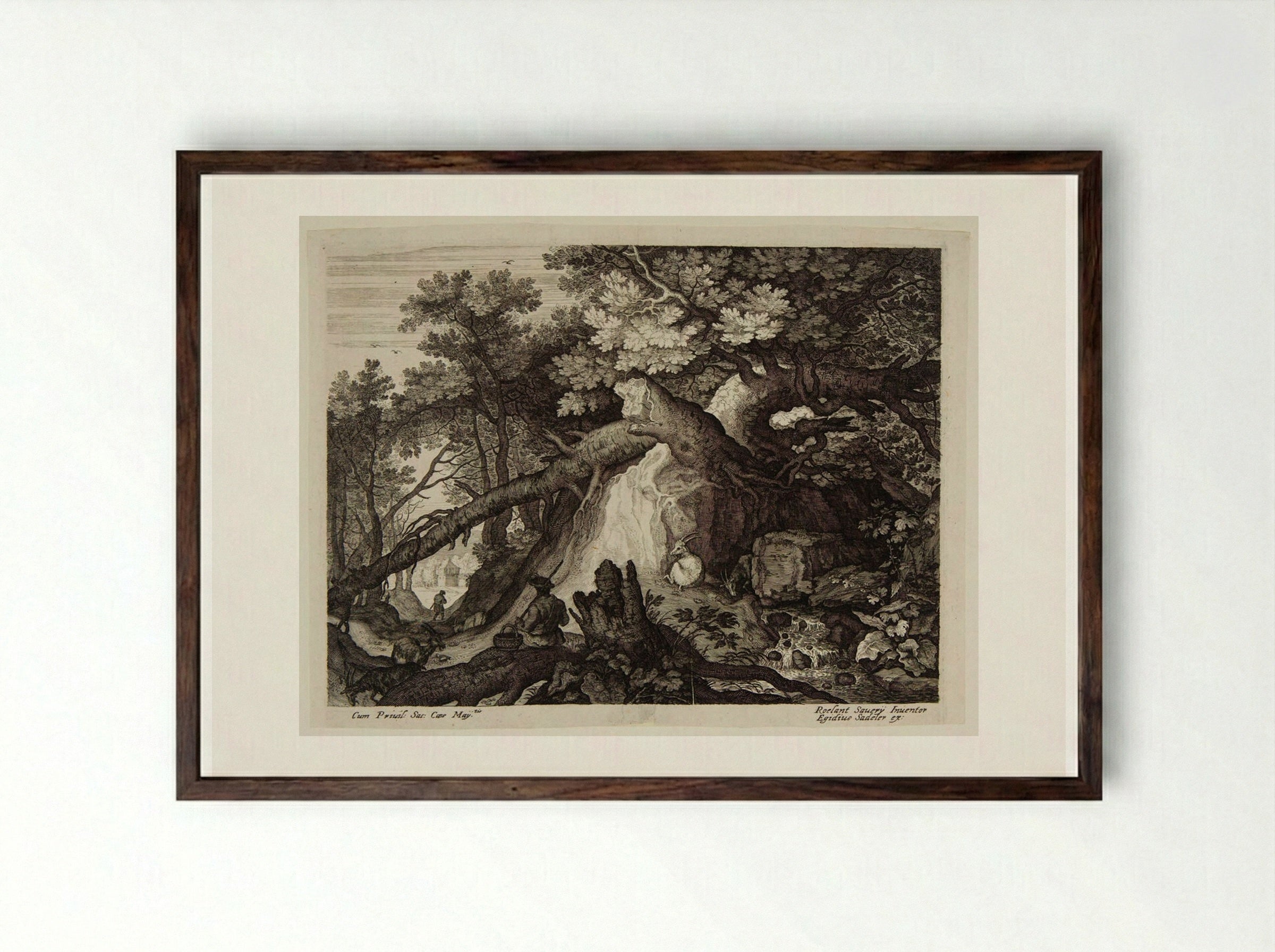 Man and Four Goats near a Waterfall - Aegidius Sadeler II - Framed Print Dark Wood