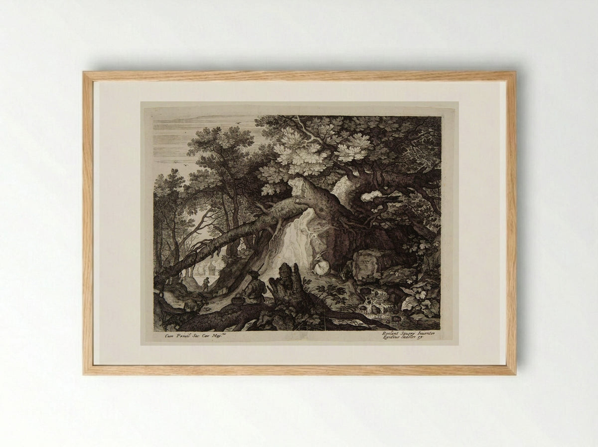 Man and Four Goats near a Waterfall - Aegidius Sadeler II - Framed Print Wood