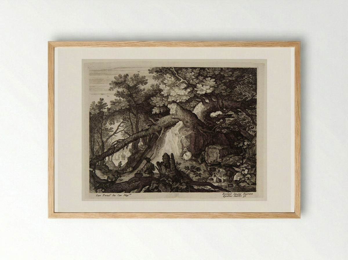 Man and Four Goats near a Waterfall - Aegidius Sadeler II - Framed Print Wood