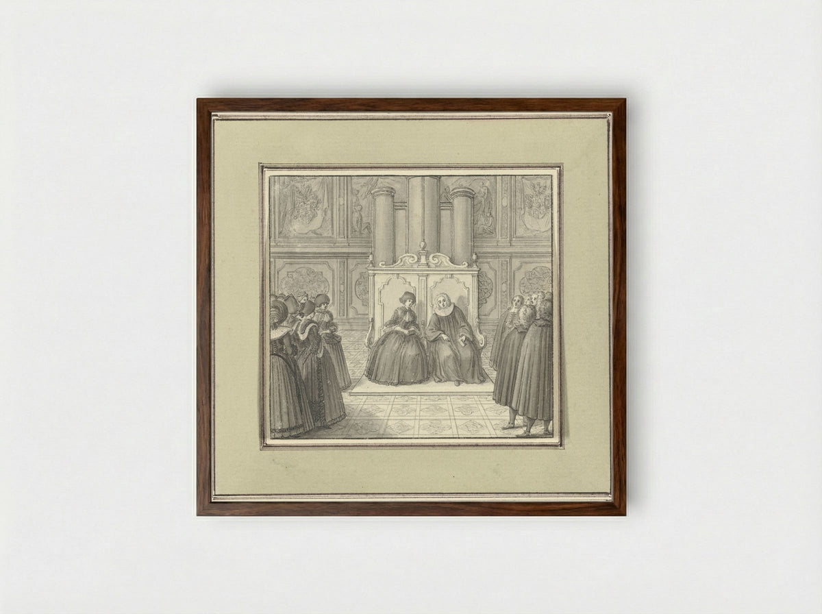 Man and Woman Seated on a Monumental Bench Among Standing Figures - Catharina Heckel-Sperling - Framed Print Dark Wood