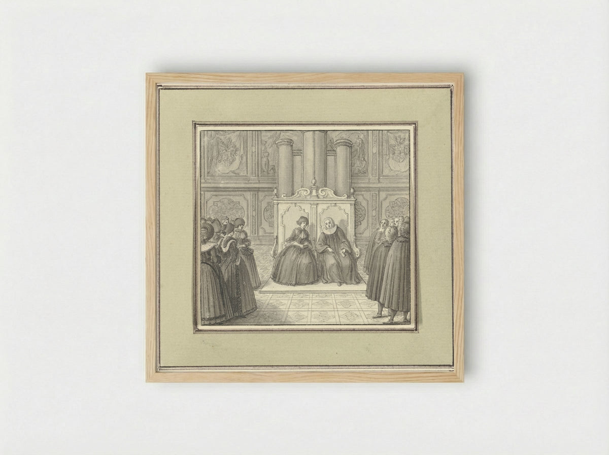 Man and Woman Seated on a Monumental Bench Among Standing Figures - Catharina Heckel-Sperling - Framed Print Wood