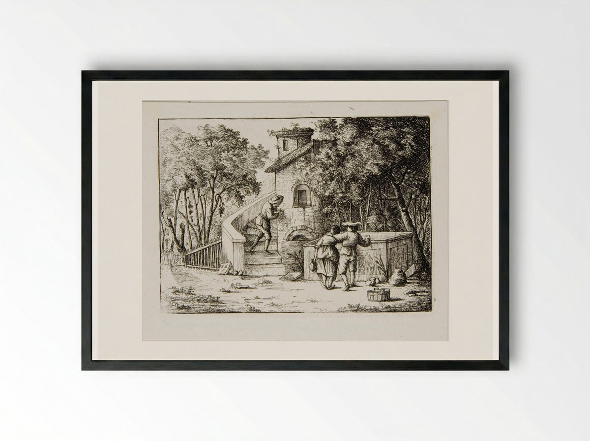 Man and Woman Standing by a Sarcophagus, Watching a Man Ascending Steps - David Deuchar - Framed Print Black