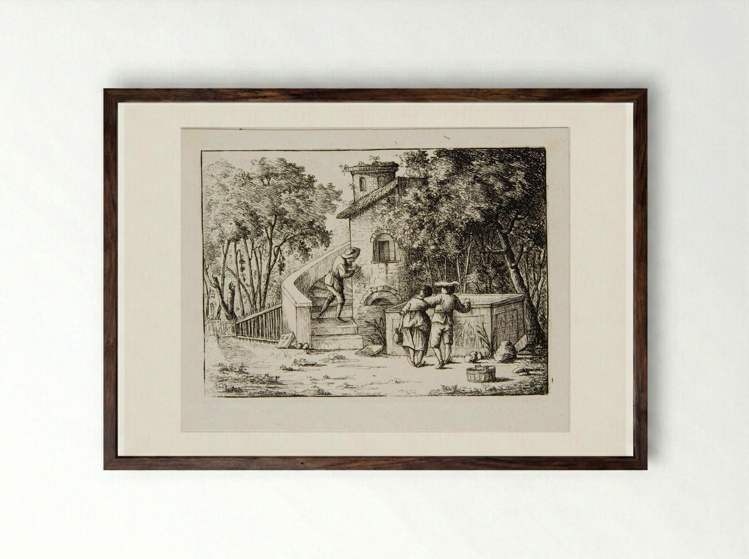 Man and Woman Standing by a Sarcophagus, Watching a Man Ascending Steps - David Deuchar - Framed Print Dark Wood