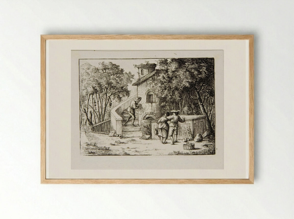 Man and Woman Standing by a Sarcophagus, Watching a Man Ascending Steps - David Deuchar - Framed Print Wood