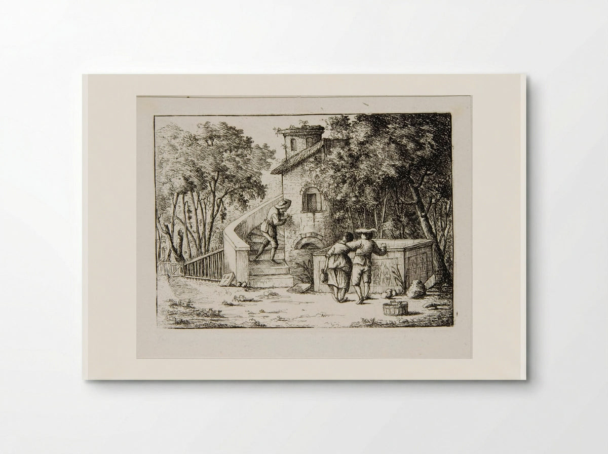 Man and Woman Standing by a Sarcophagus, Watching a Man Ascending Steps - David Deuchar - Poster
