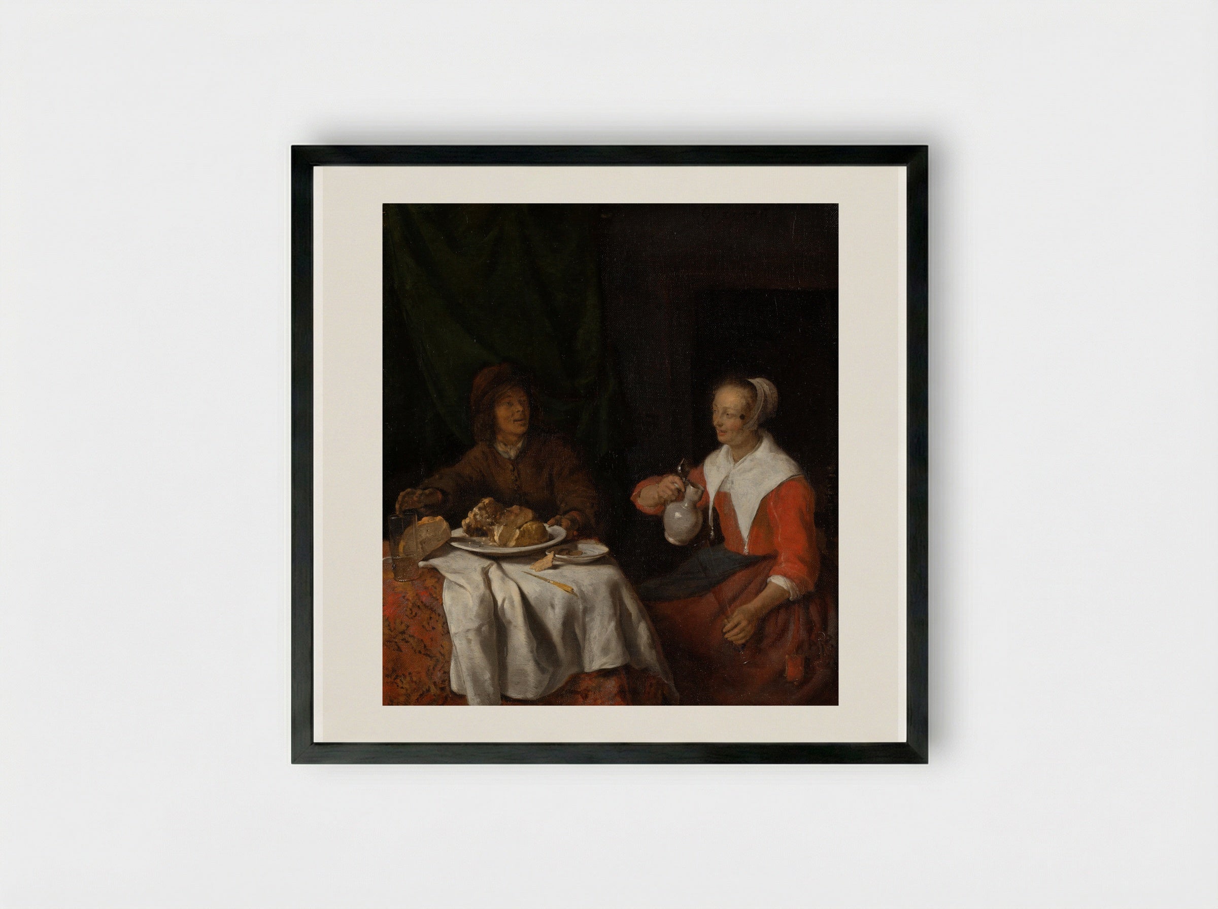 Man and Woman at the Breakfast Table - Gabriël Metsu - Framed Print Black