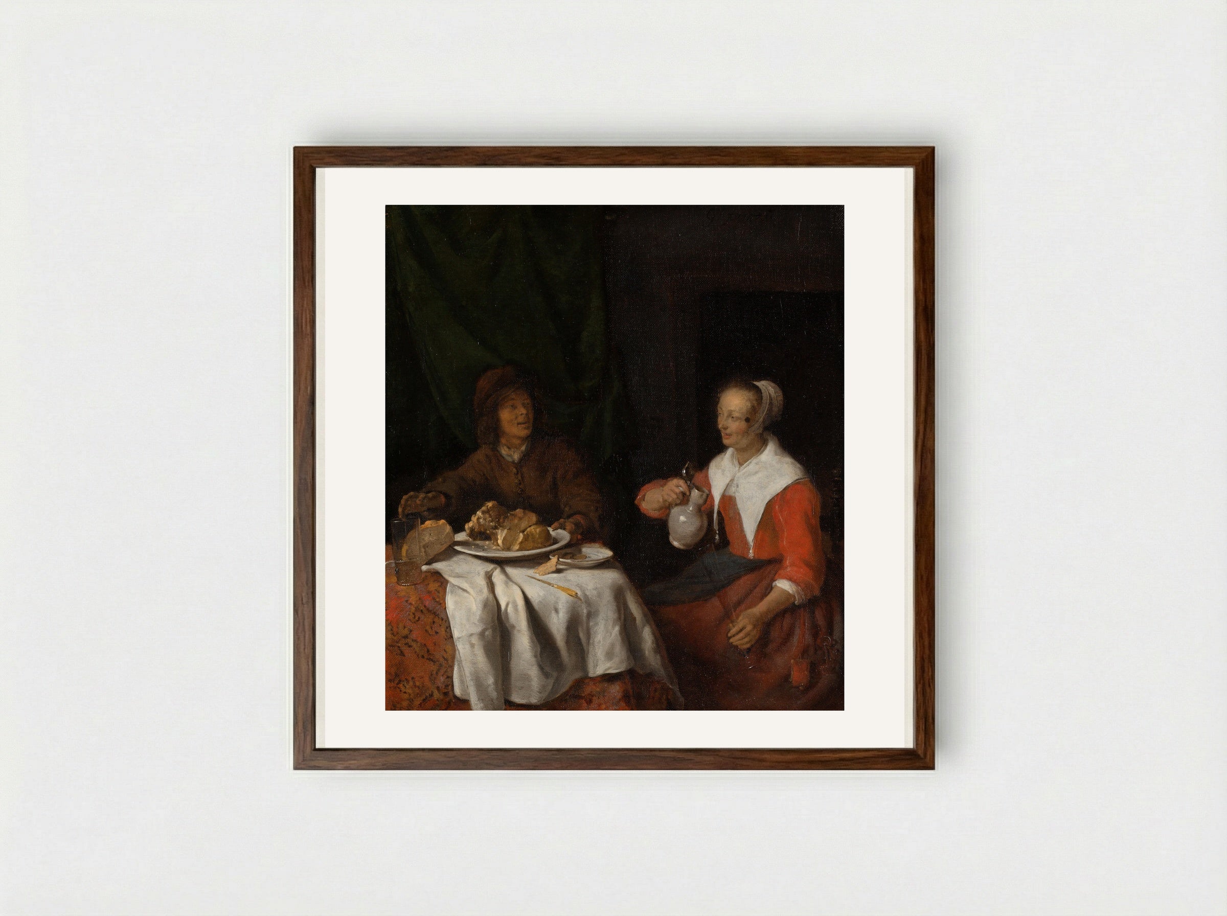 Man and Woman at the Breakfast Table - Gabriël Metsu - Framed Print Dark Wood