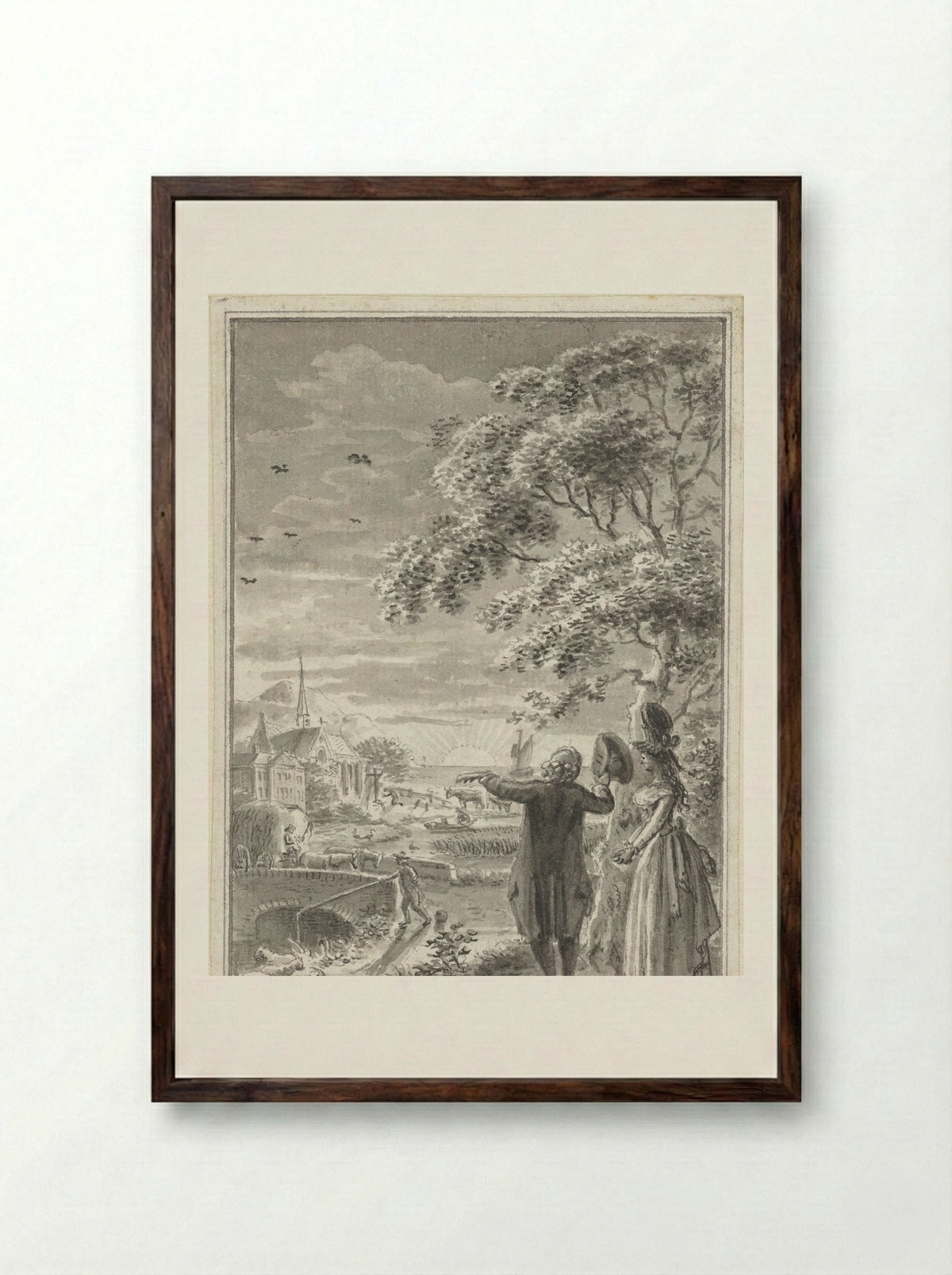 Man and Woman in a Landscape at Sunset - Johannes Petrus van Horstok - Framed Print Dark Wood
