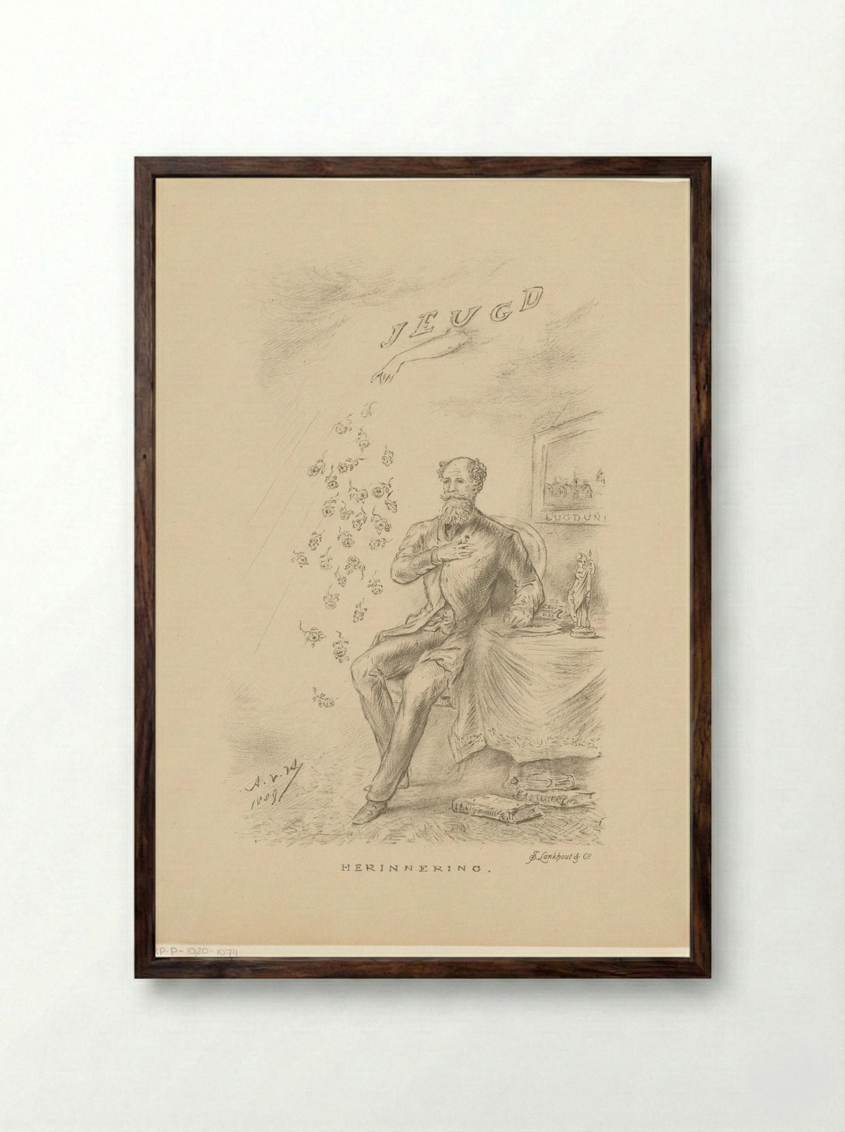 Man at a Table with Falling Roses - Samuel Lankhout & Co - Framed Print Dark Wood