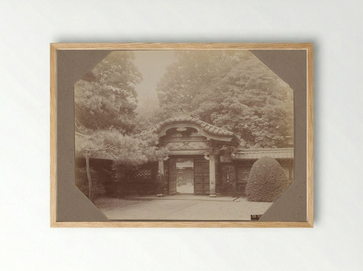 Man at the Gate of a Temple in Shiba, Tokyo - Kusakabe Kimbei - Framed Print Wood