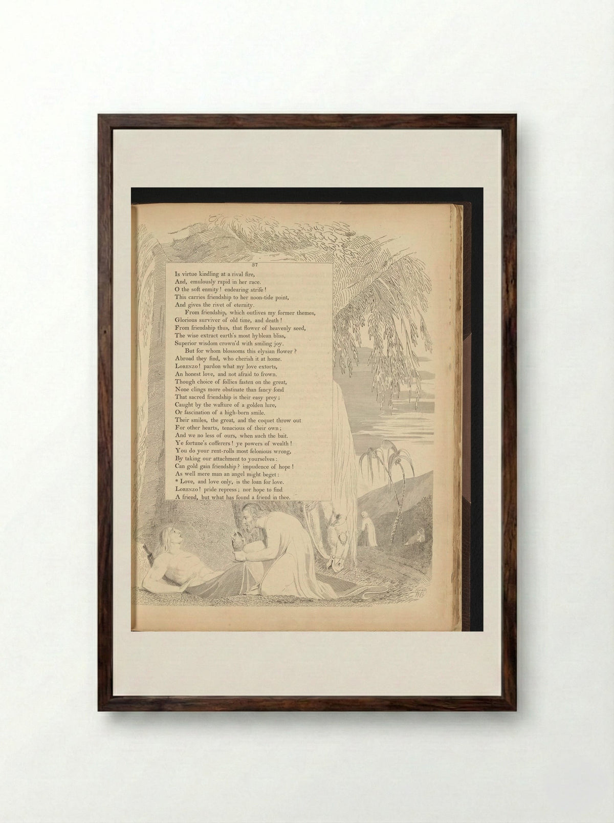 Man crouching by a reclining man beside a tree with a horse - William Blake - Framed Print Dark Wood
