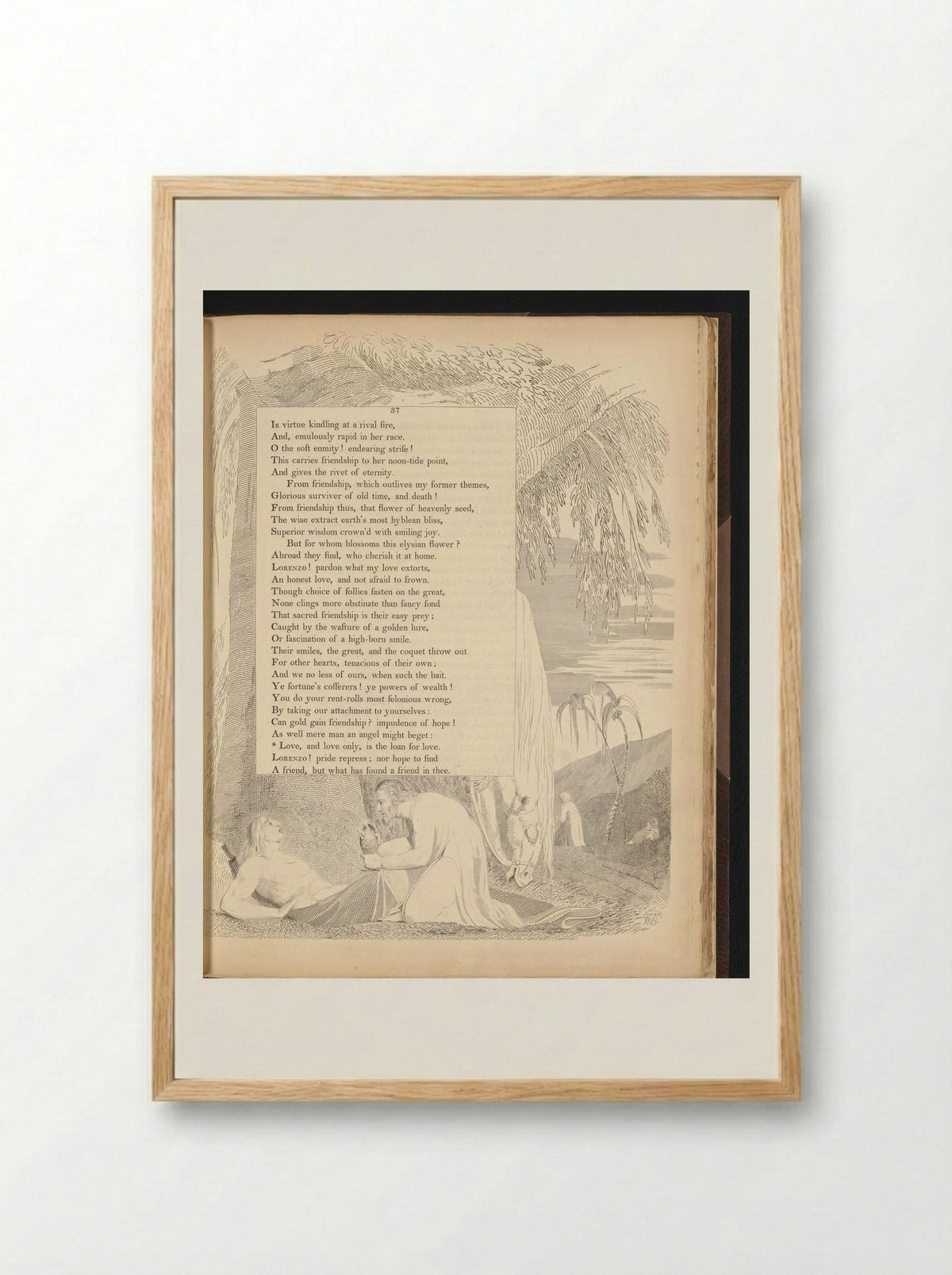 Man crouching by a reclining man beside a tree with a horse - William Blake - Framed Print Wood